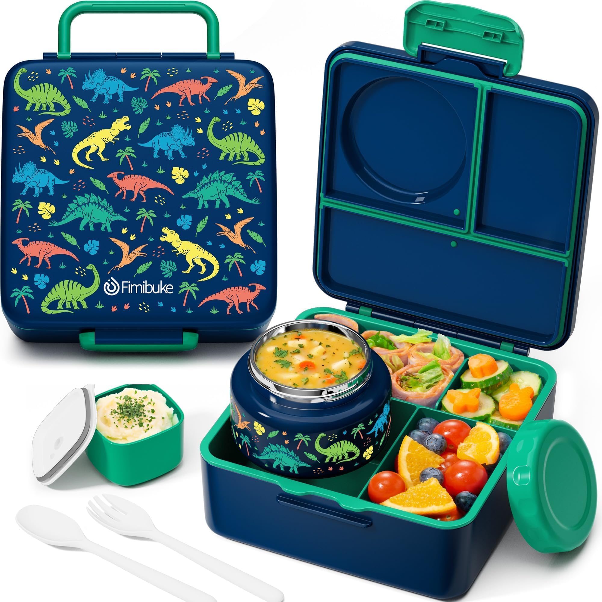 Fimibuke Bento Box for Kids Adult with Thermos, 3-4 Compartment 60OZ Toddler Lunch Box Container with Leakproof 8OZ Insulated Food Jar, Sauce Jar, Utensil for School Boy Girl, BPA-Free Dishwasher Safe