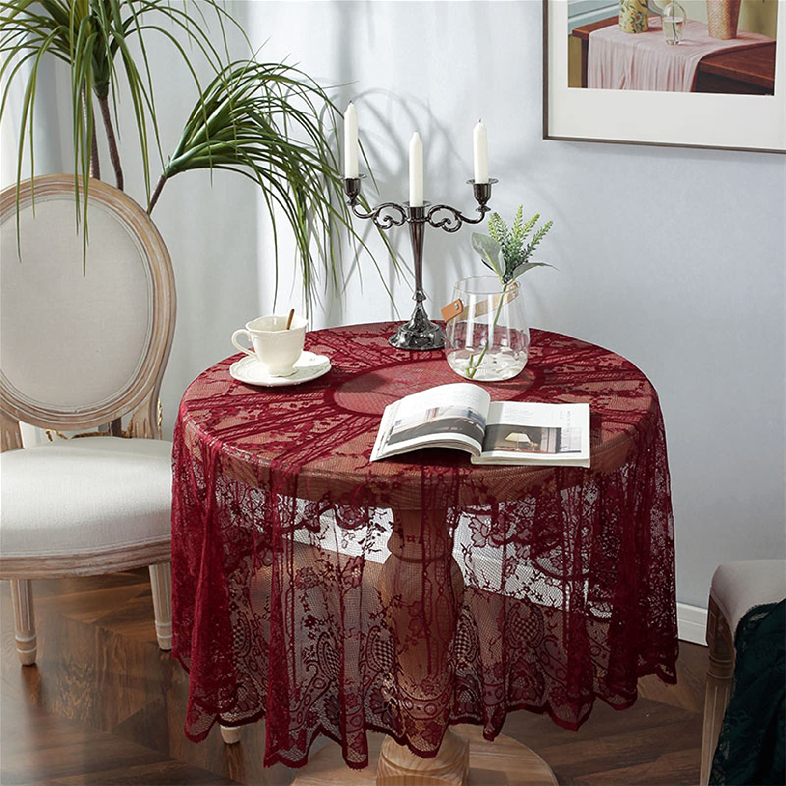 Rote Spitze Tischdecke Bestickt Elegante Florale Muster Tischtuch Runde Overlay Tischdecke für Hochzeit Party Urlaub Lange Abendessen Home Decor (Rund-190CM/75, Rot)