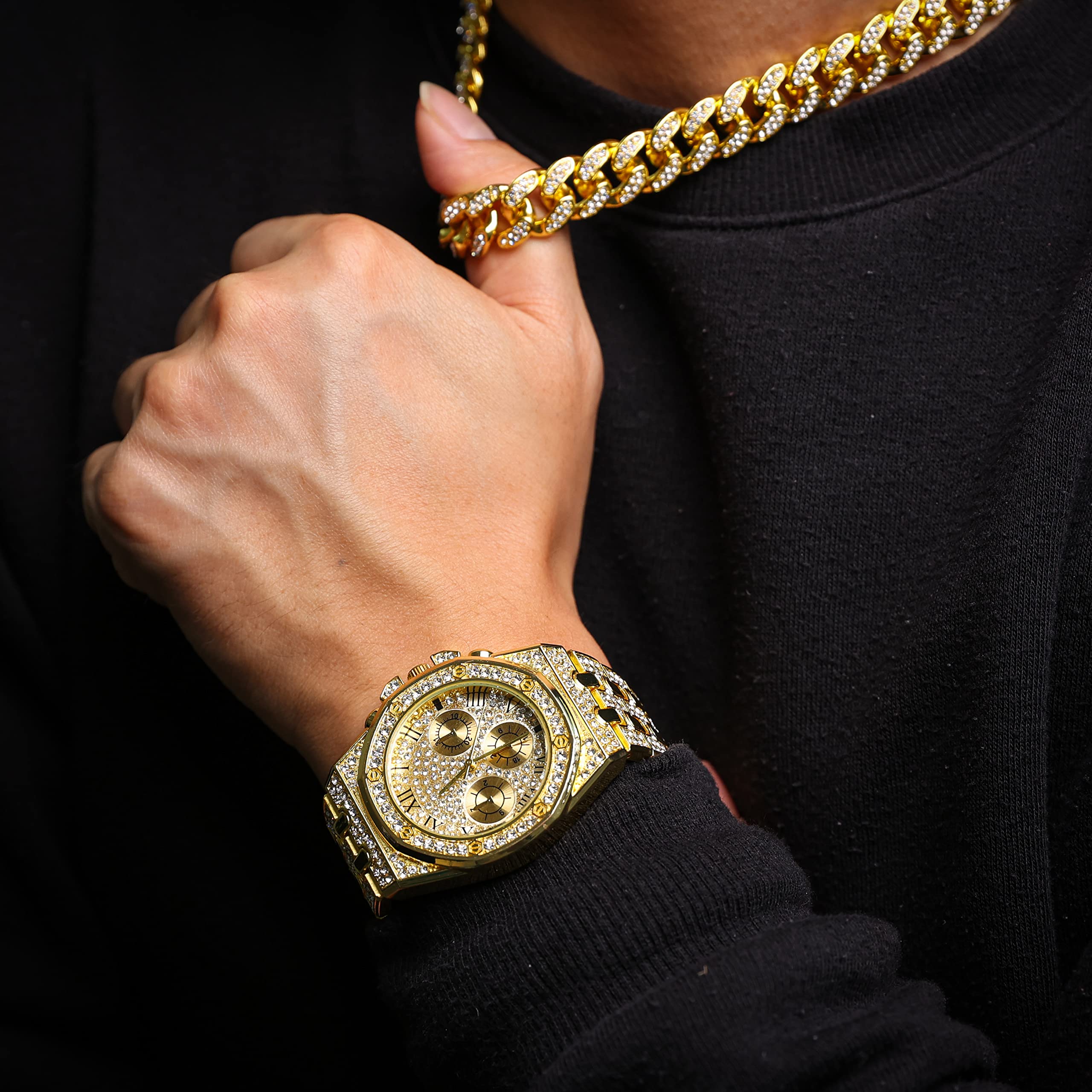 HALUKAKAH Diamante Reloj Oro, Hombres Chapado Oro Real 18K/Oro Blanco Platino 40MM Ancho Números Romanos Esfera Cuarzo Pulsera 22cm con Enlace Cubano Cadena 20+45cm Collar Pulsera, con Caja de Regalo