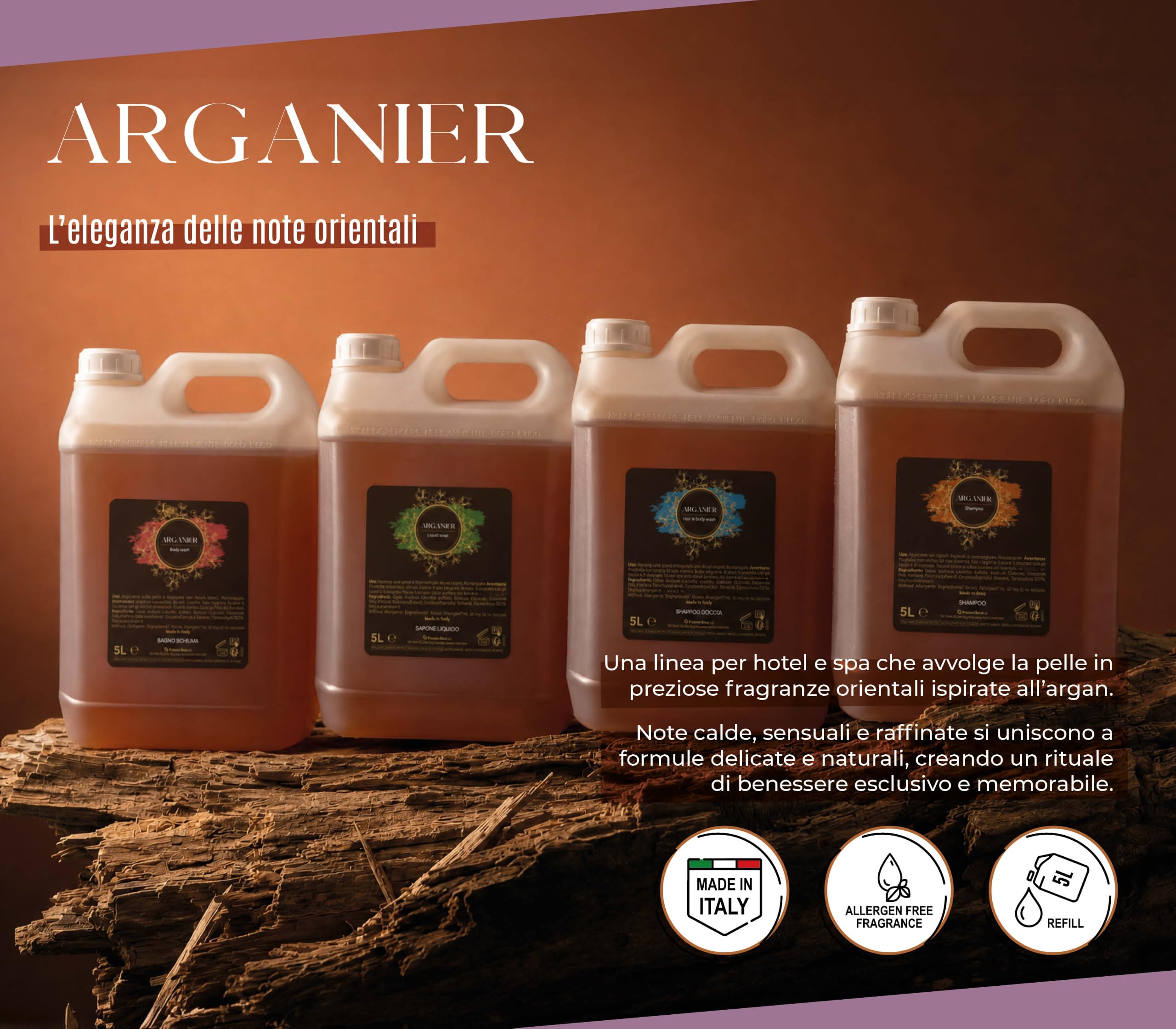 PRESENT-MORE - Doccia Shampoo 5lt Arganier - Confezione da 2 Pezzi - Shampoo Doccia Senza Allergeni - Fragranza Argan - Made in Italy - Ideale per Hotel e B&B