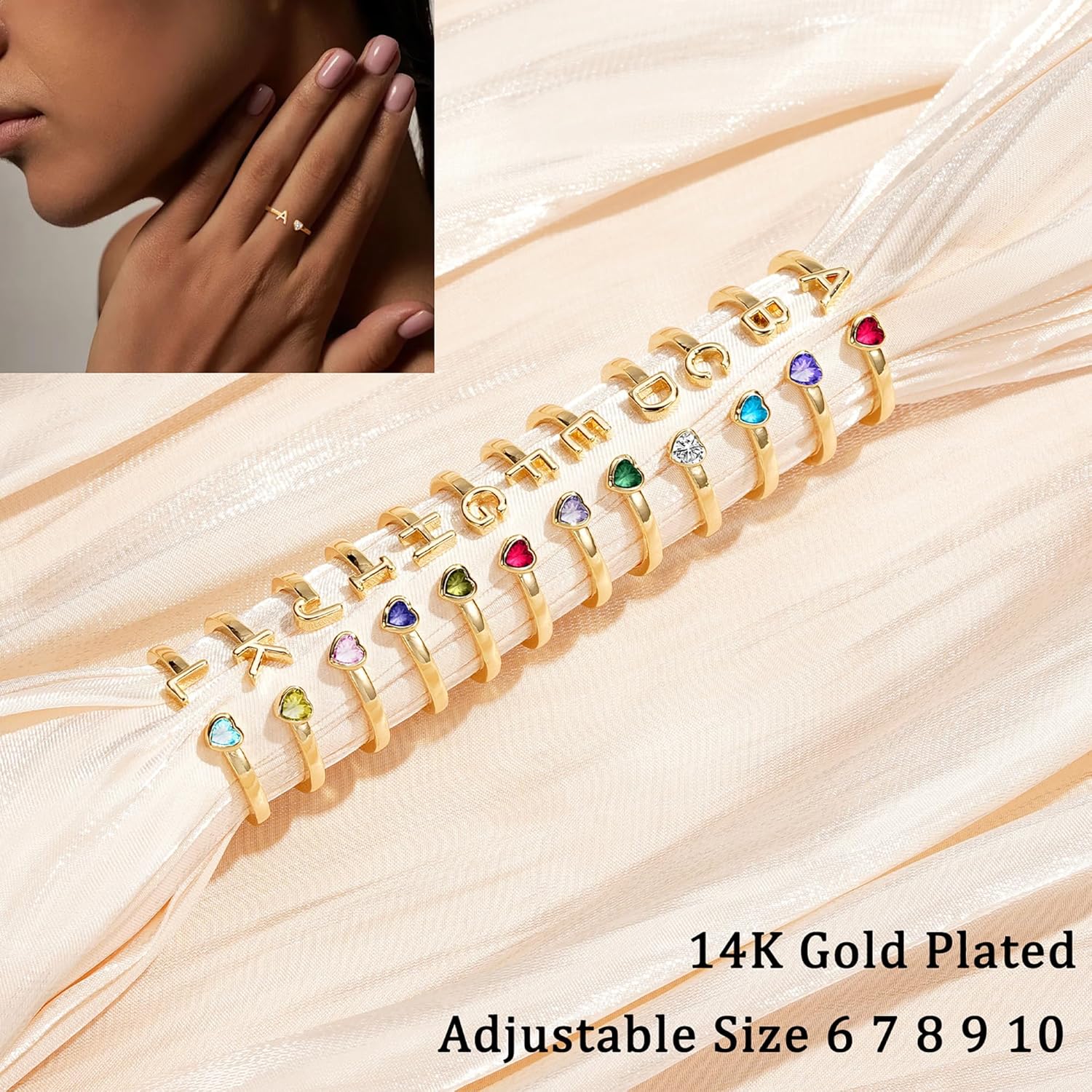 Initial L Rings for Women Teen 14K Gold Plated Birthstone Rings Stackable Dainty Letter Rings Christmas Birthday Birthstone Jewelry Gifts for Mother Daughter,Adjustable Size 5-10 - Image 4