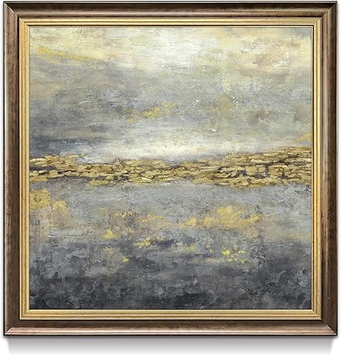 Arte de pared enmarcado abstracto de oro lienzo negro grande enmarcado pintura gris moderna pintura contemporánea pintada a mano con textura