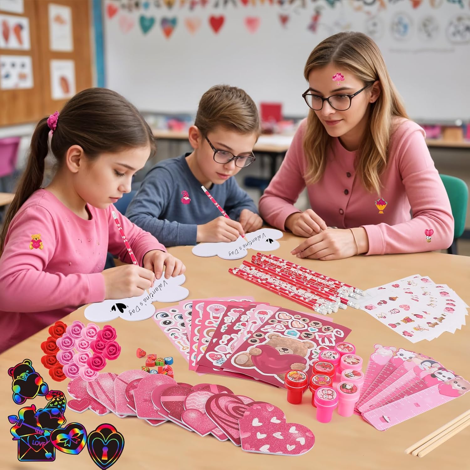 BenLouis Valentines Day Stationery Gifts Set for Kids Hearts Pencils Erasers Stickers School Classroom Exchange Reward Prizes Bulk for Students Valentine’s Party Favors Goodie Bag Filler（216pcs）