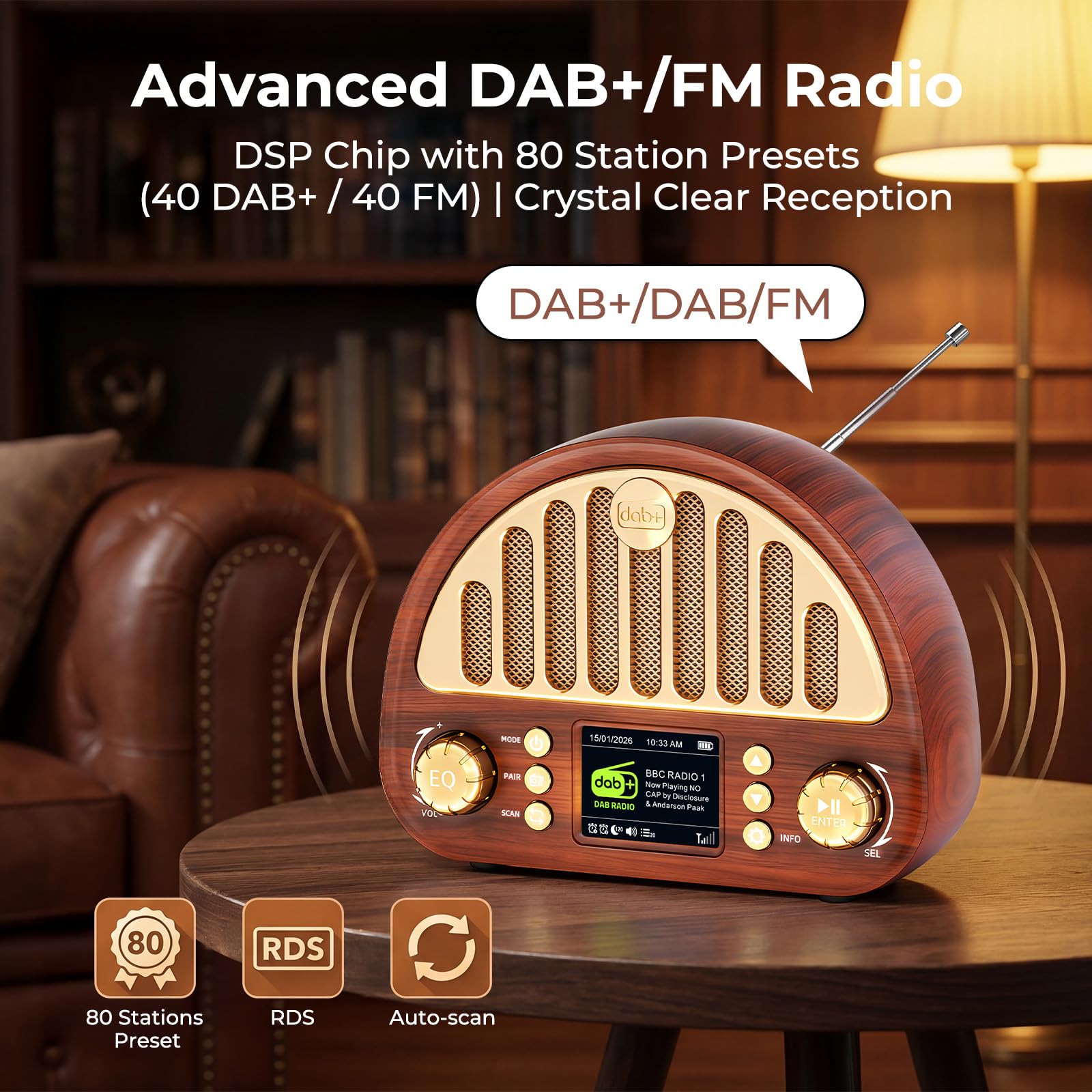 ROCAM Radio DAB+/FM, radio rétro avec Bluetooth 5.0, haut-parleur Full Sound 8 W, batterie 3000 mAh, écran couleur 2", RDS, AUX IN/cartes MicroSD, double réveil, minuterie de sommeil, 80 préréglages