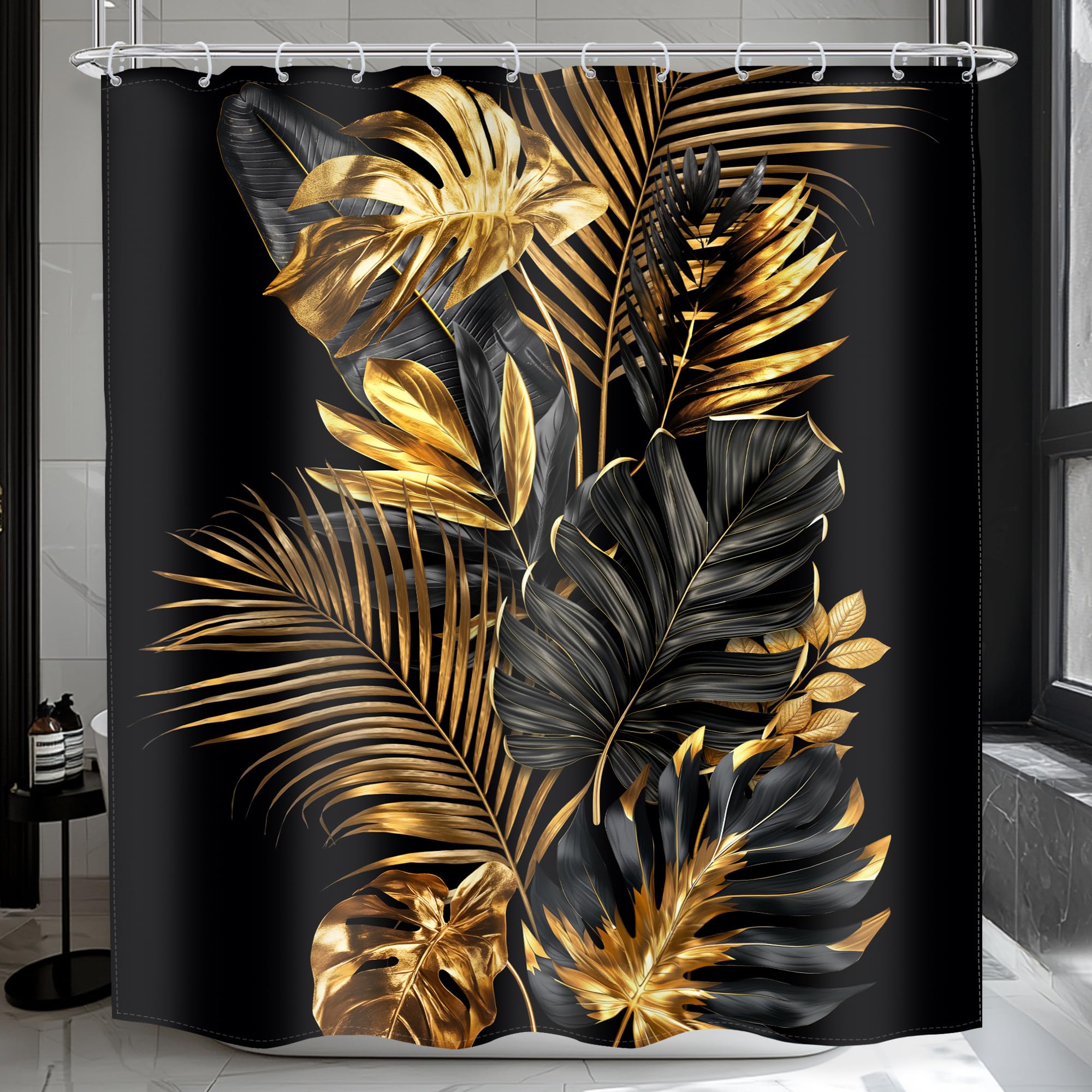 MESHELLY Black and Gold Palm Leaf Shower Curtain 60Wx72H Tropical Golden Banana Leaves Jungle Plant Monstera Botanical Bathroom Curtain Aesthetic
