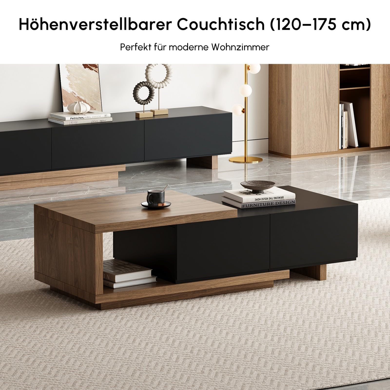 Homary Ausziehbarer Couchtisch aus Walnussholz 120 cm-175 cm mit 2 Schubladen, strapazierfähige Tischplatte, Elegantes Wohnzimmermöbel für kleine Räume (Schwarz und Walnuss)