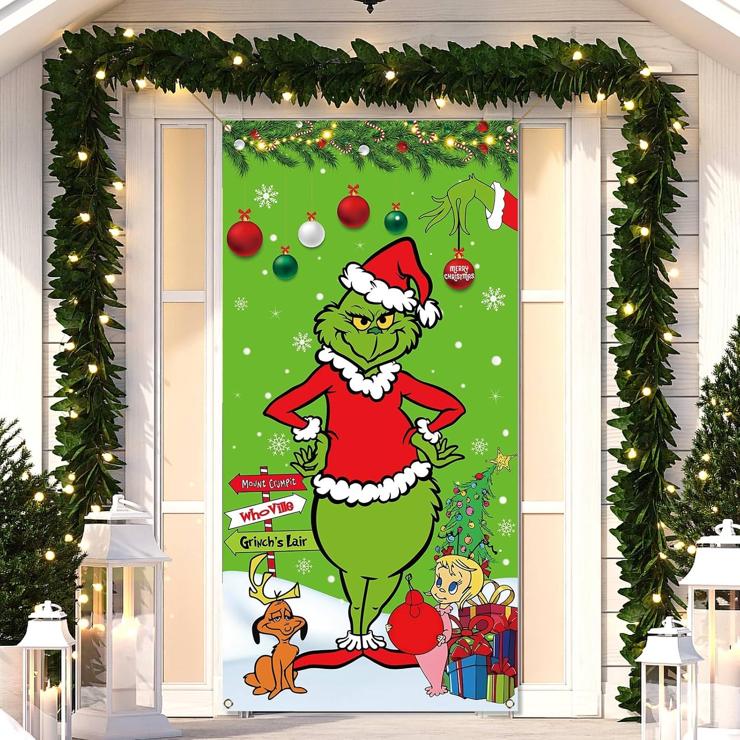 Sunwer Whoville Christmas Door Cover Merry Xmas Winter Holiday Party Decoration Front Porch Sign Backdrop Banner for Home Indoor Outdoor Decor image 2
