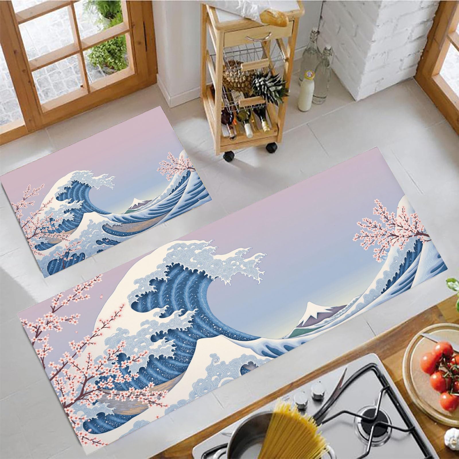 Tapis de cuisine 2 pièces Ukiyo-E vagues et cerisier 50x80 50x150cm