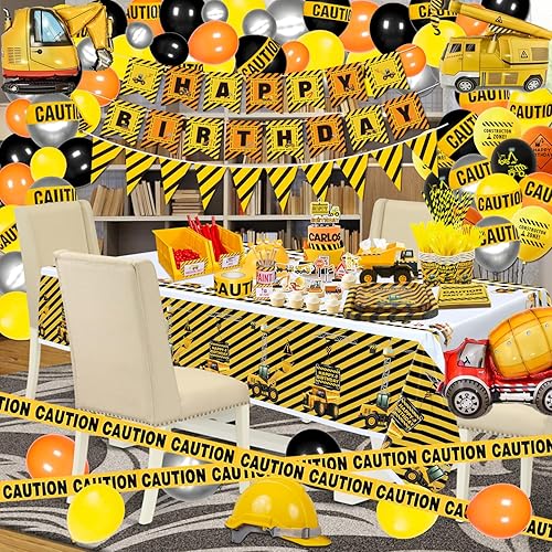 Miniatura 5 de Paquete de 231 suministros para fiesta de cumpleaños de construcción, camiones volquetes, decoraciones de cumpleaños, platos de fiesta de
