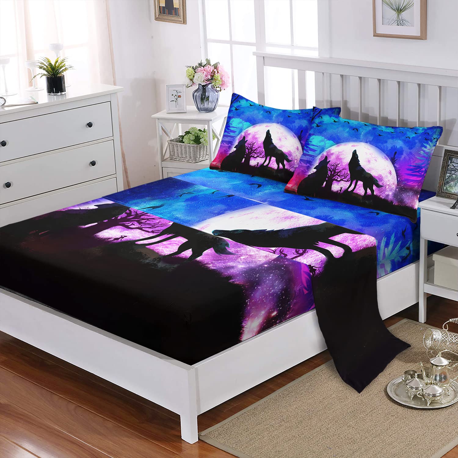 Wolf Bed Sheet Set 4Pcs Galaxy Night Moon Bedding Set Howling Wolf Down Lunar Eclipse Bed Set for Kids Teens Room Decor Wild Animals Bed Cover with Fitted Sheet + Flat Sheet + 2 Pillowcases