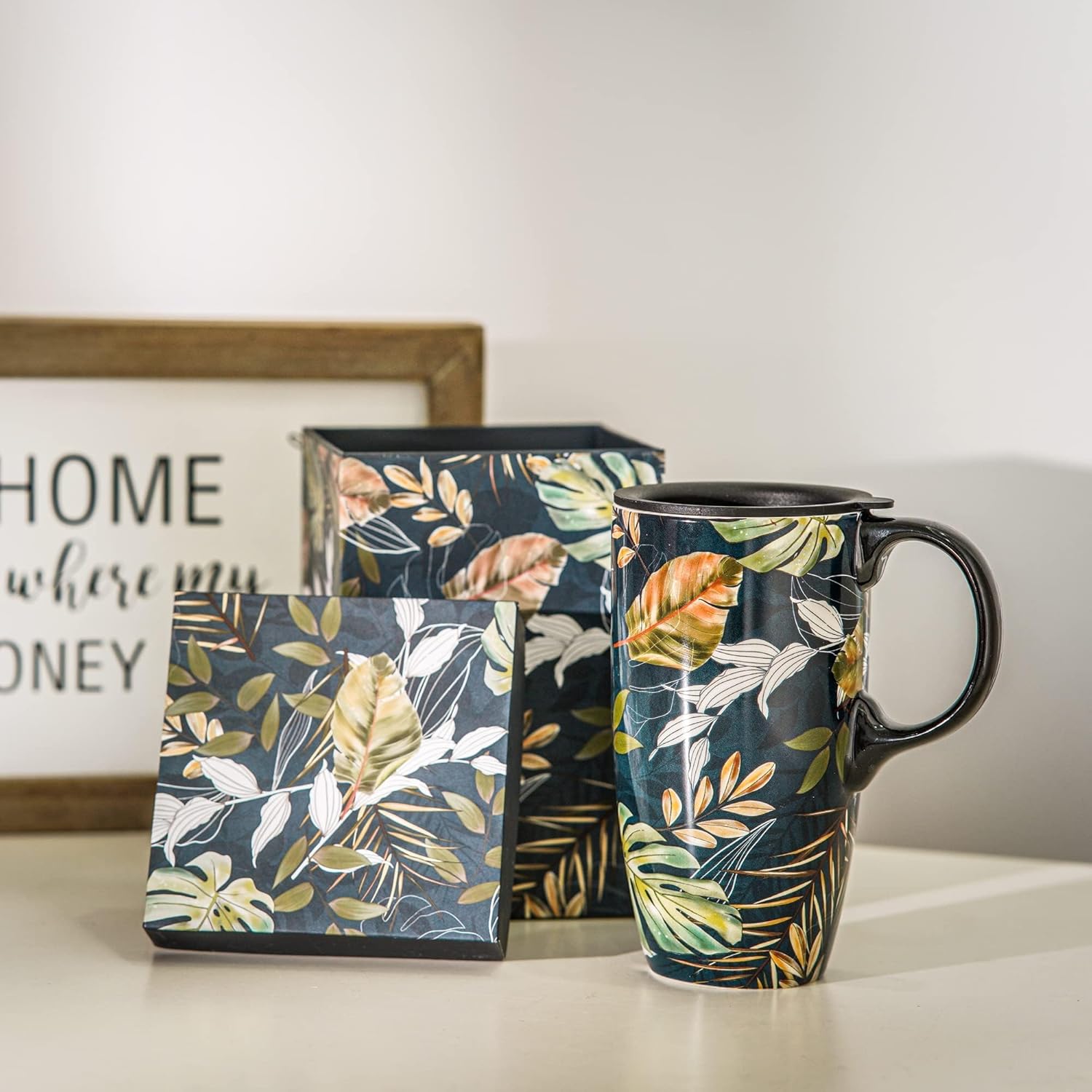 Topadorn Ceramic Mug with Lid, 17oz Porcelain Coffee Cup with Leaf Design for Tea and Latte - Image 3