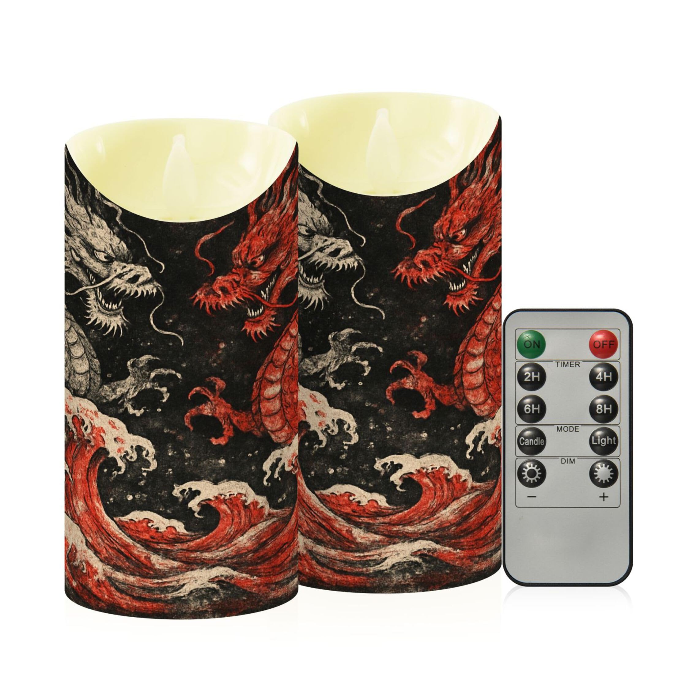 Kutsu Dragon Wave Flameless Candles Set of 2, Battery Operated LED Flickering Candles with Remote and Timer, Plastic Pillar Candles for Home Wedding Decor