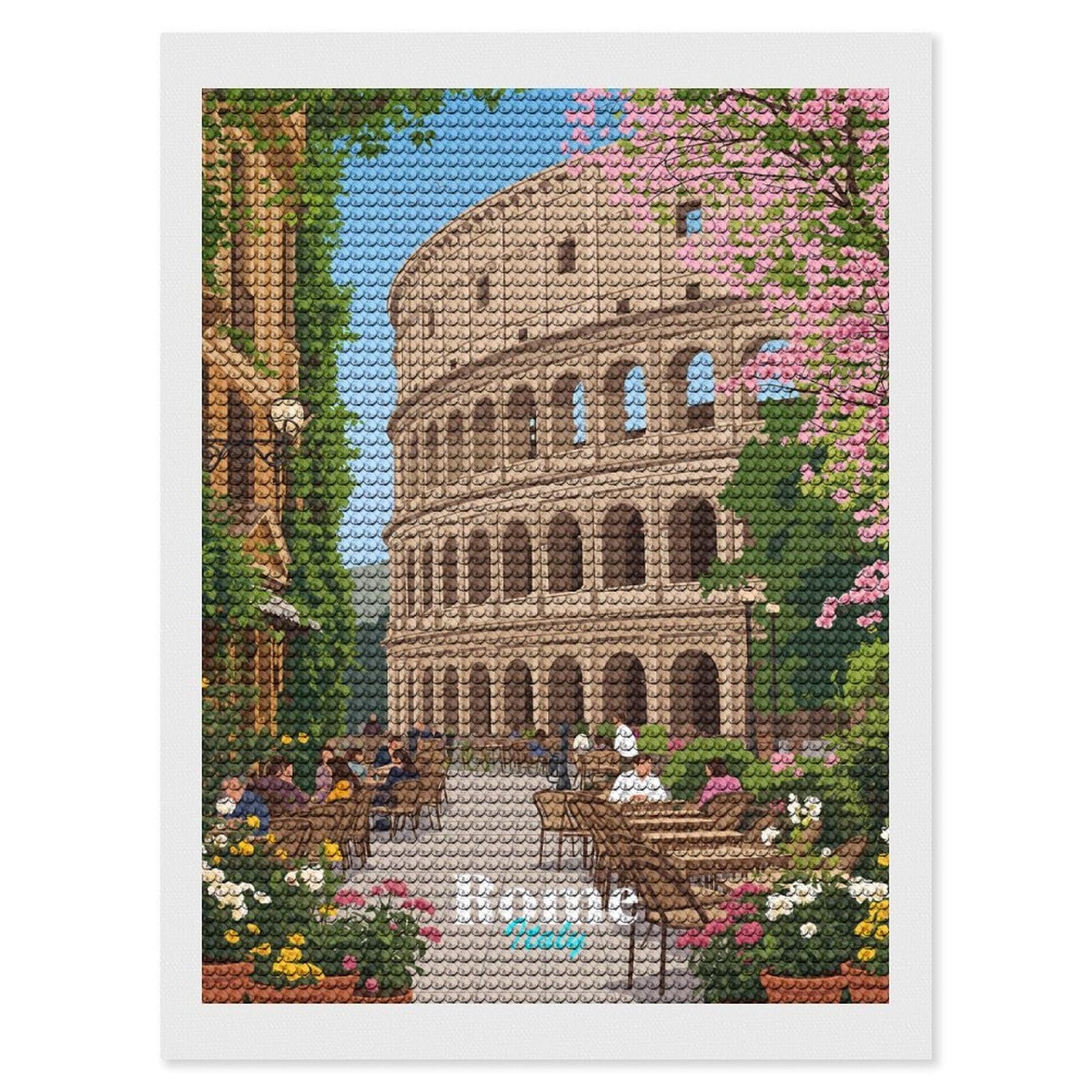 Junmoney Colosseum Cafe Scene in Rome Diamond Art Canvas 12"x16", for Teens, Nice Detail and Sparkle, Farmhouse Decor, Festive Craft Gift, Easy to Enjoy