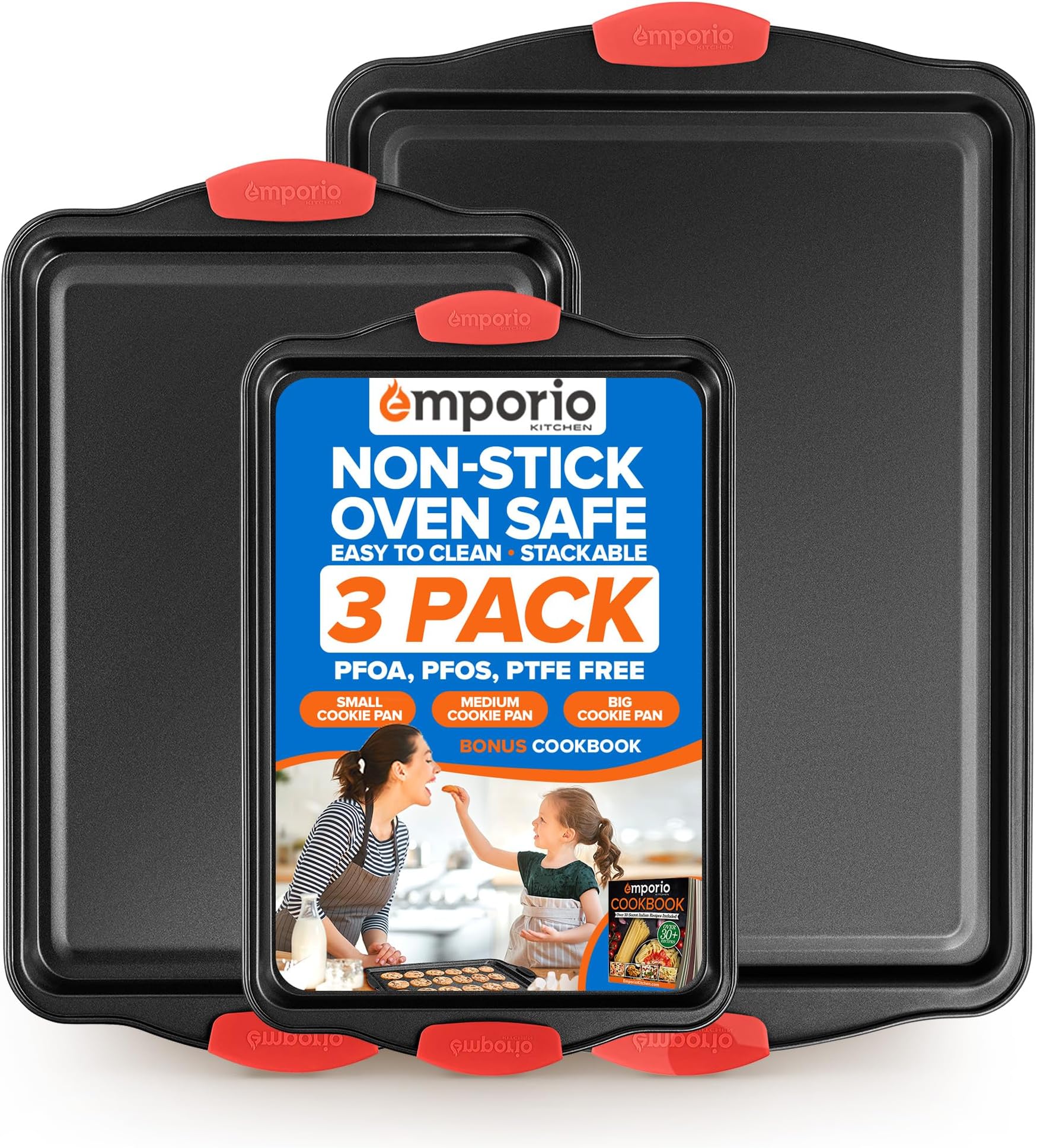 Emporio Kitchen Baking Pan Set - Nonstick Coating, Carbon Steel Bakeware Set with Red Silicone Handles, PFOA, PFOS, PTFE Free, Recipe Booklet Included, Oven Safe Tray (Up to 450° F), Set of 3 - Black