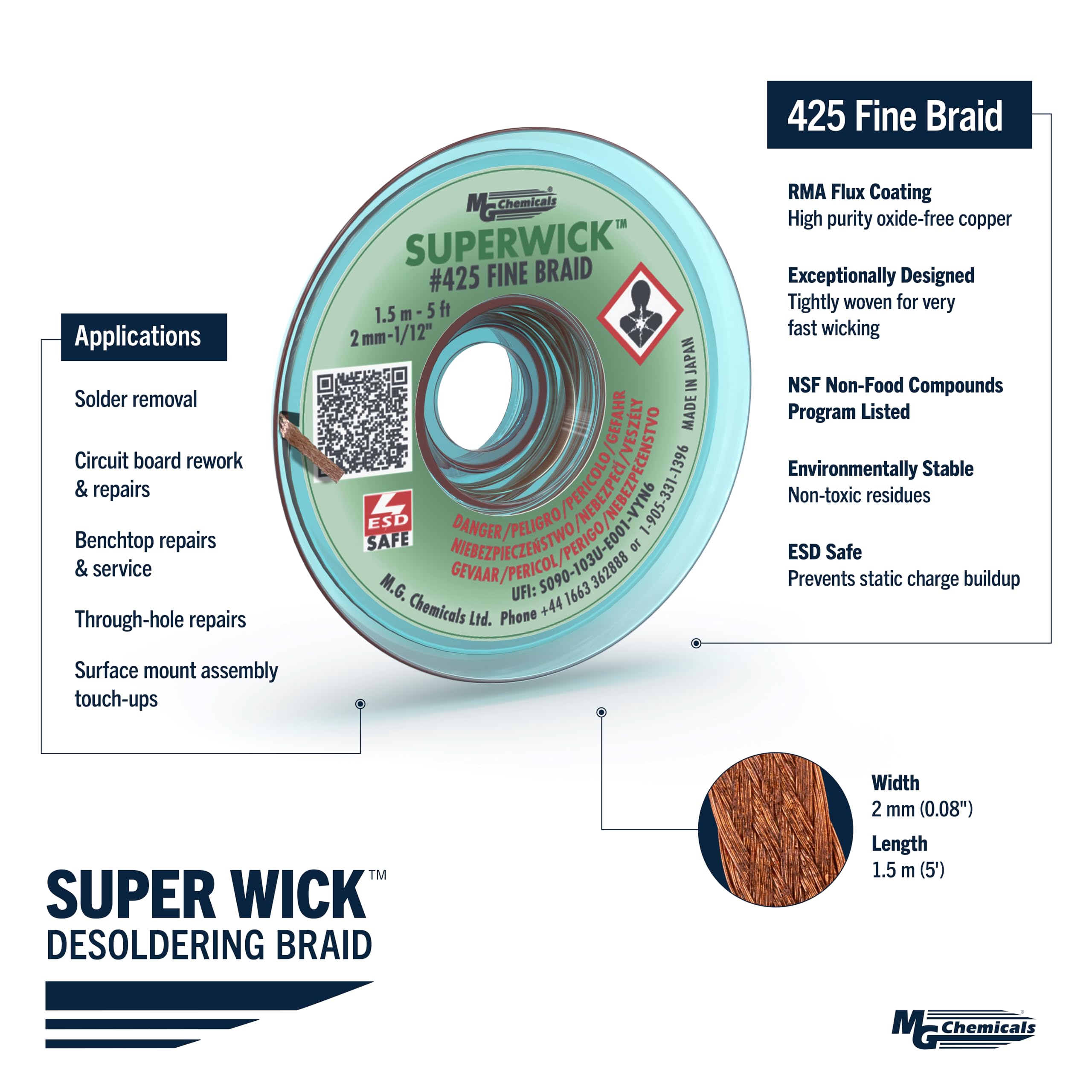 MG Chemicals 425 Dissaldante Braid # 3 Super stoppino a treccia fine con flusso RMA, 5 'di lunghezza x 0,075 "di larghezza, verde