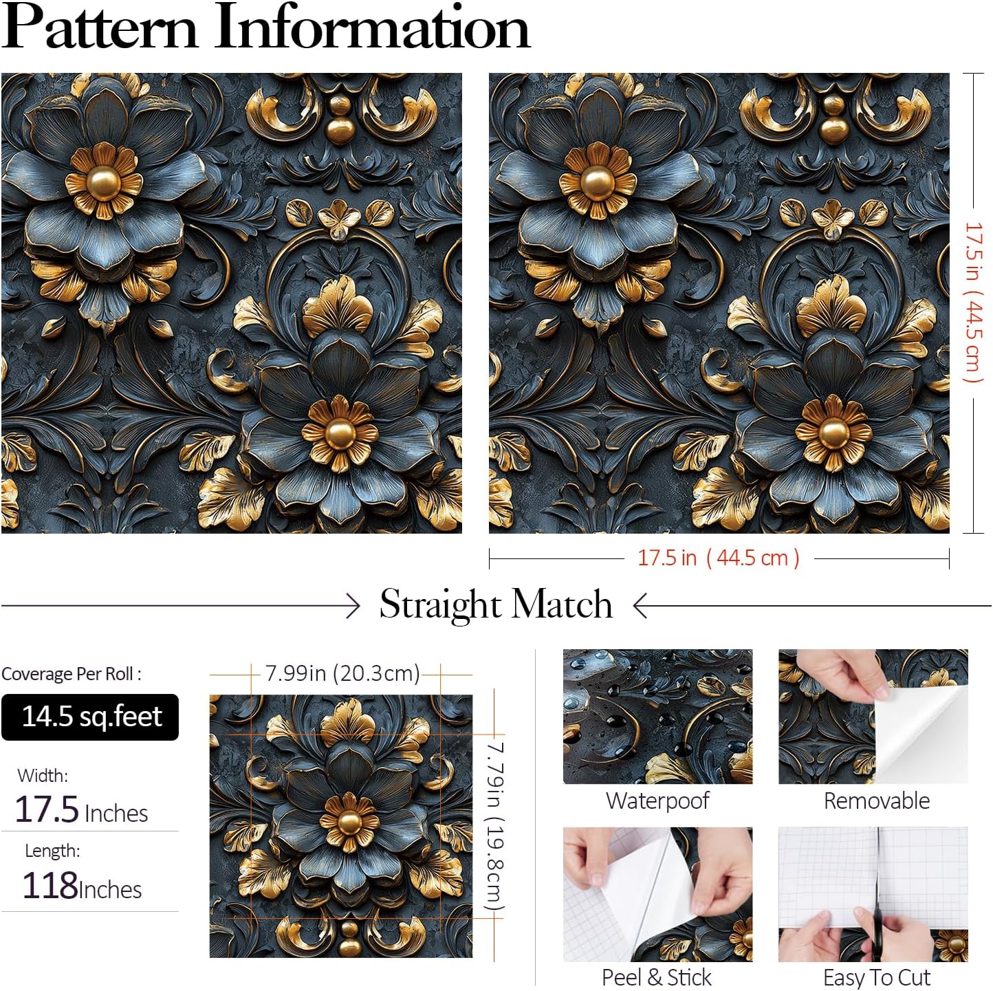 FunStick Luxury Blue and Gold Floral 3D Wallpaper Peel and Stick for Bedroom Walls Self Adhesive Vintage Navy Blue 3D Floral Contact Paper Decorative Accent Wall Panels for Bathroom Ceiling Wallpaper