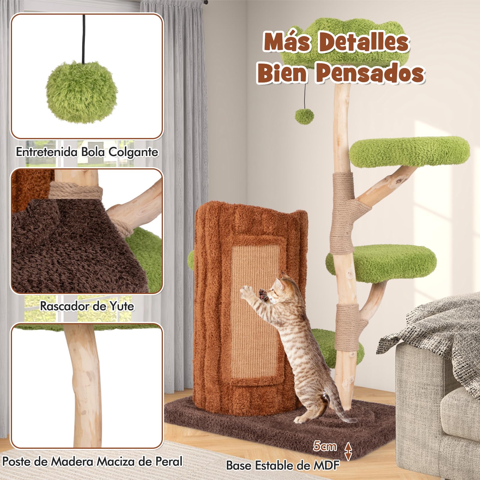 COSTWAY Árbol para Gatos, 141 cm Rascador para Gatos con Postes de Rascado y Panel de Sisal, Perchero Superior y 4 Plataformas Redondas, Juguete Colgante, Muebles para Gatos de Madera Natural