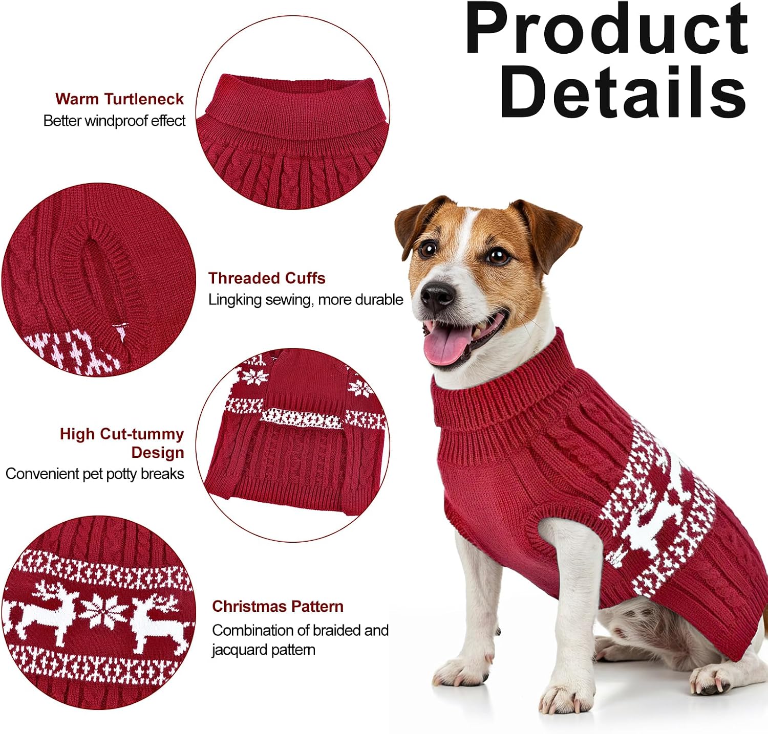 Christmas Dog Turtleneck Sweater Christmas Pet Cable-Knit Sweater with Snowflake Pattern Cold Weather Pullover Sweaters Xmas Pet Knitwear Apparel Outfit for Small Medium Large Dogs Red M