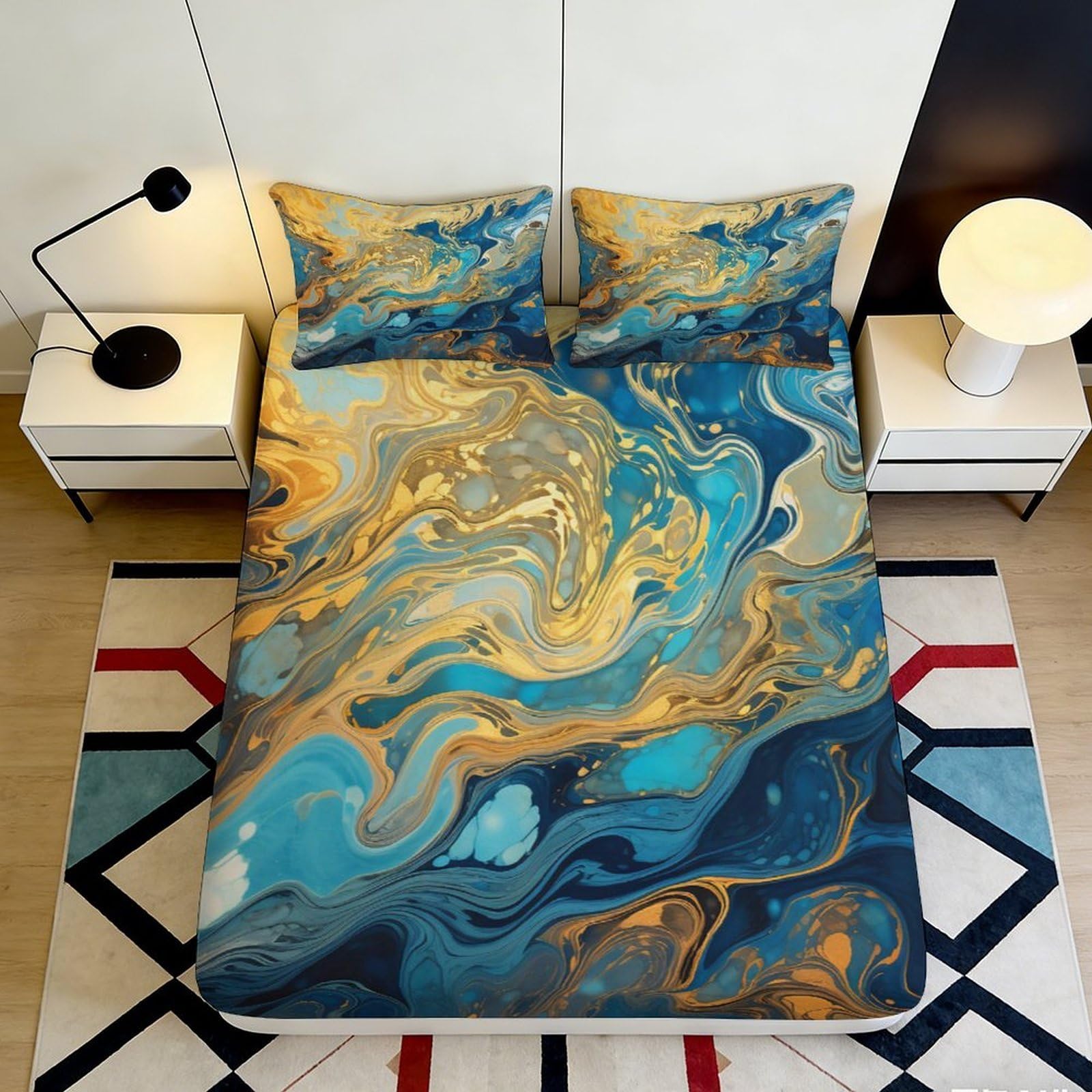 3D Printed Marble Swirl Fitted Sheet Microfiber Soft Blue Gold Abstract Mattress Cover Bedroom Decor 90x200x25cm