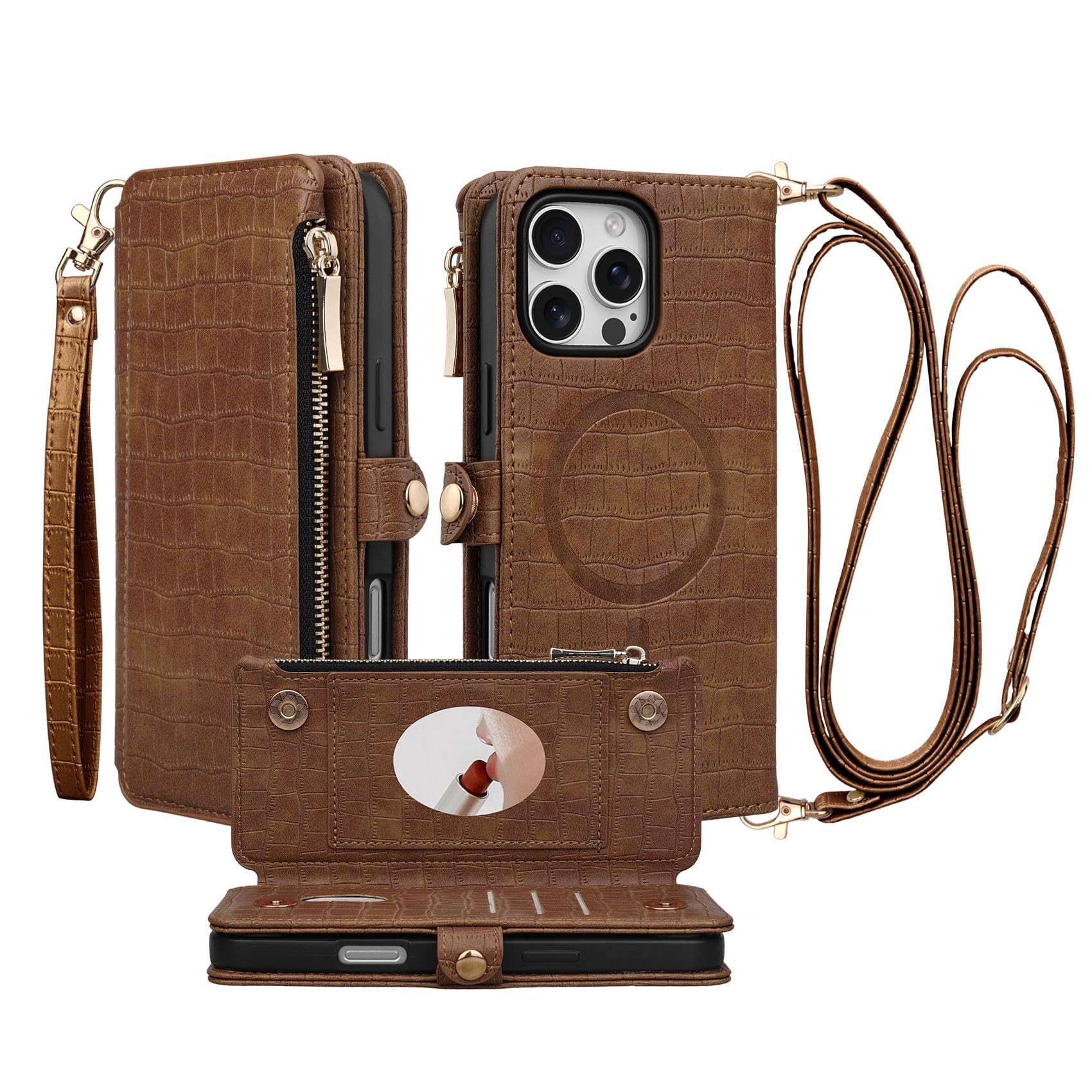 Stylivolve Crossbody Wallet Case for iPhone 16 Pro with Mirror, Wrist Strap, Zipper Purse Magnetic Flip RFID Blocking Card Holder, Wireless Charging,