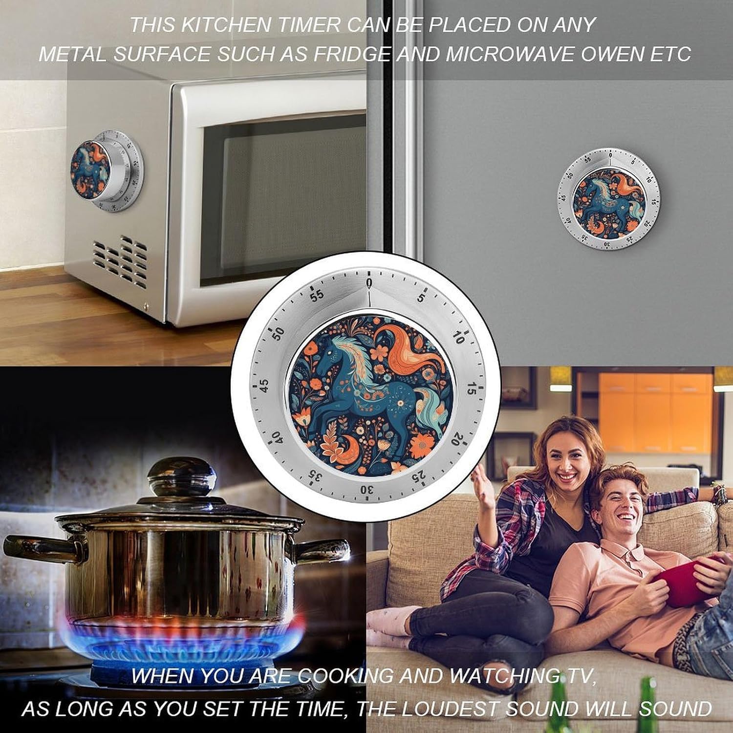 Playful Pony Stainless Steel Timer, Kitchen Timer with Magnetic Base, Countdown Timers for Gym, Office, Cooking, Baking, Jogging