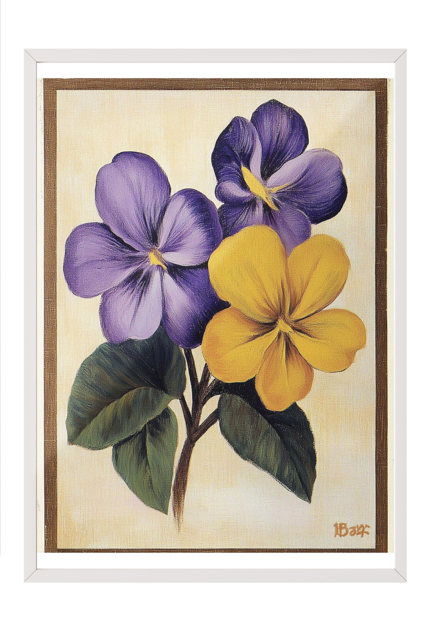 Zestia Beyaz Çerçeveli Tablo, Mor Sarı Menekşe, Retro Bitki Tasarımı Poster No: 107420 50 x 70