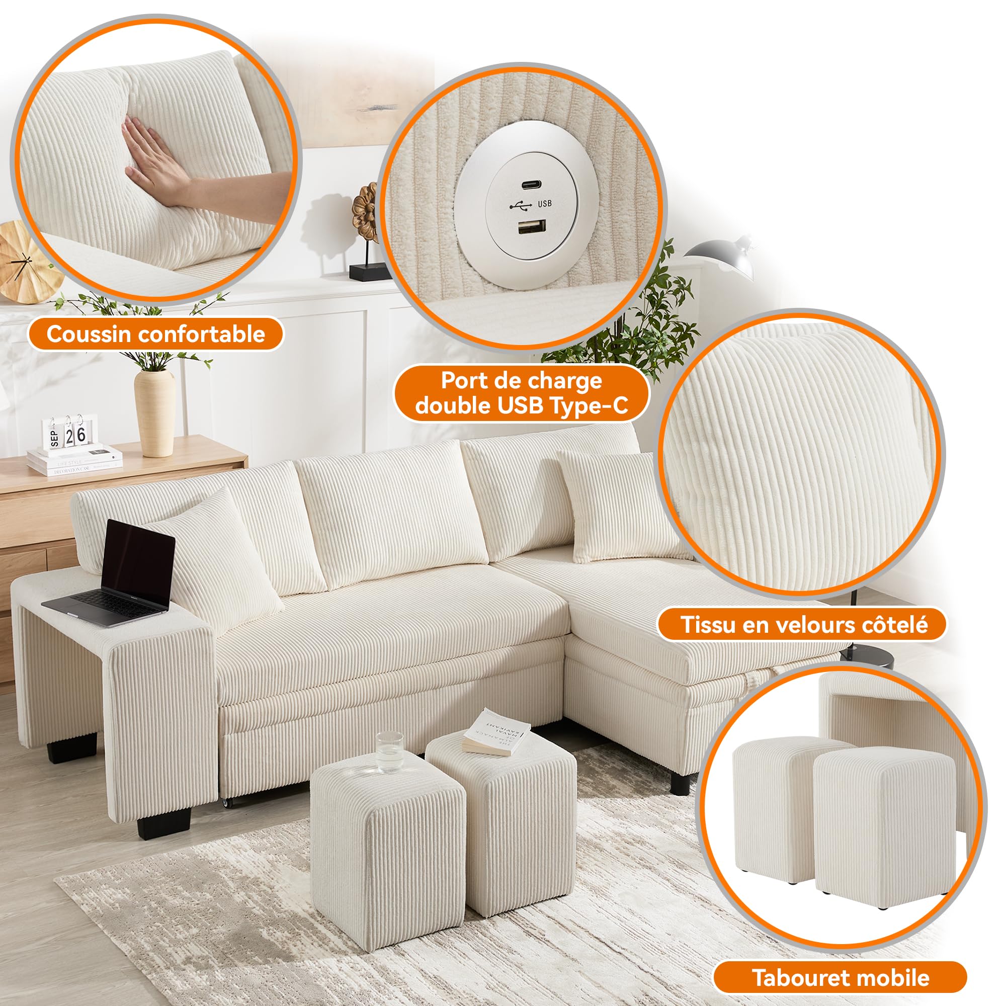 Canapé d'angle convertible pliant,avec port de charge USB et coussins,canapé convertible 3 places tissu avec fonction couchage,canapé lit 3 places avec étagères latérales et espace de rangement beige