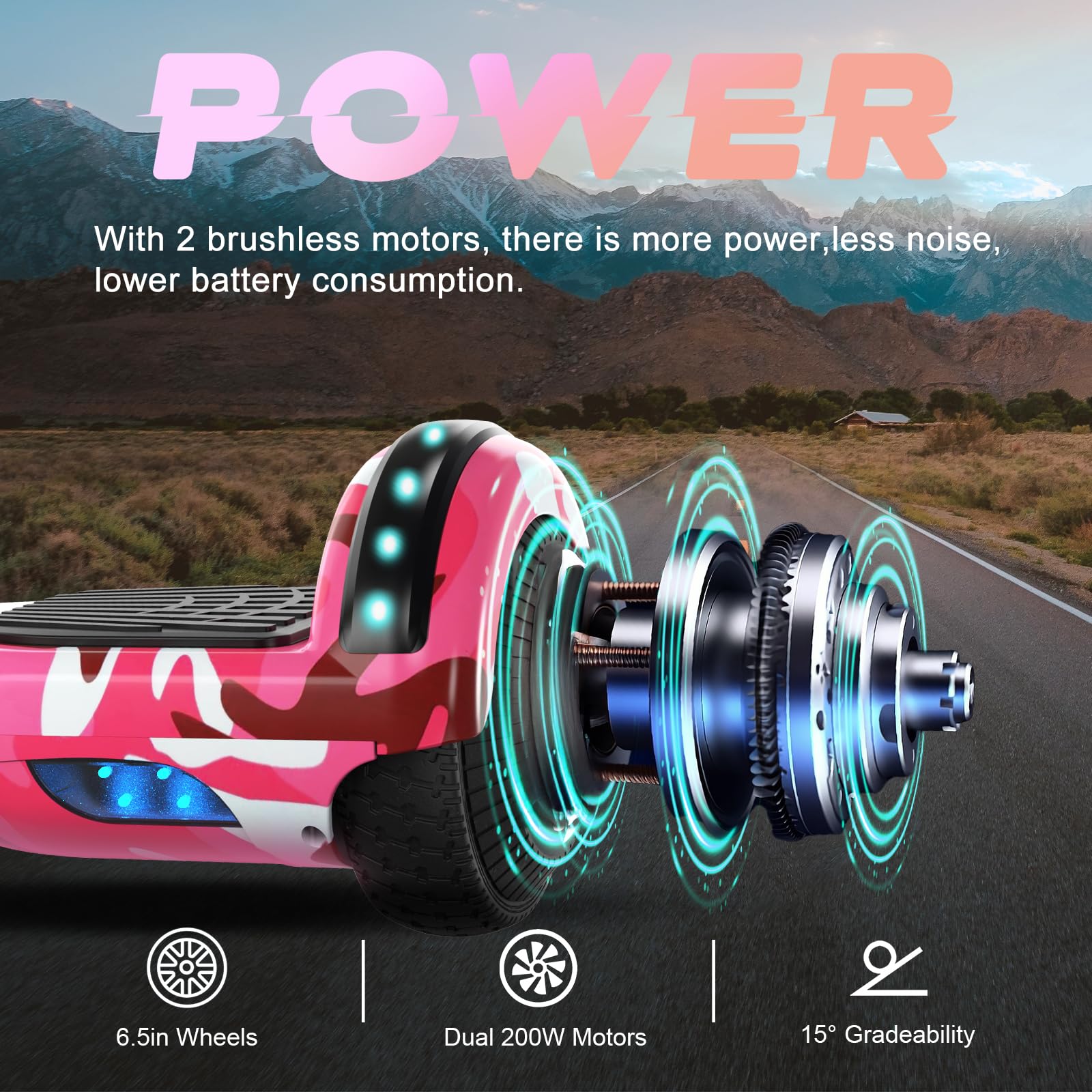 SISIGAD Trottinette auto-équilibrée de 6,5 pouces avec haut-parleur Bluetooth, roues et lumières LED | Balance HoverBoard | Rose camouflage