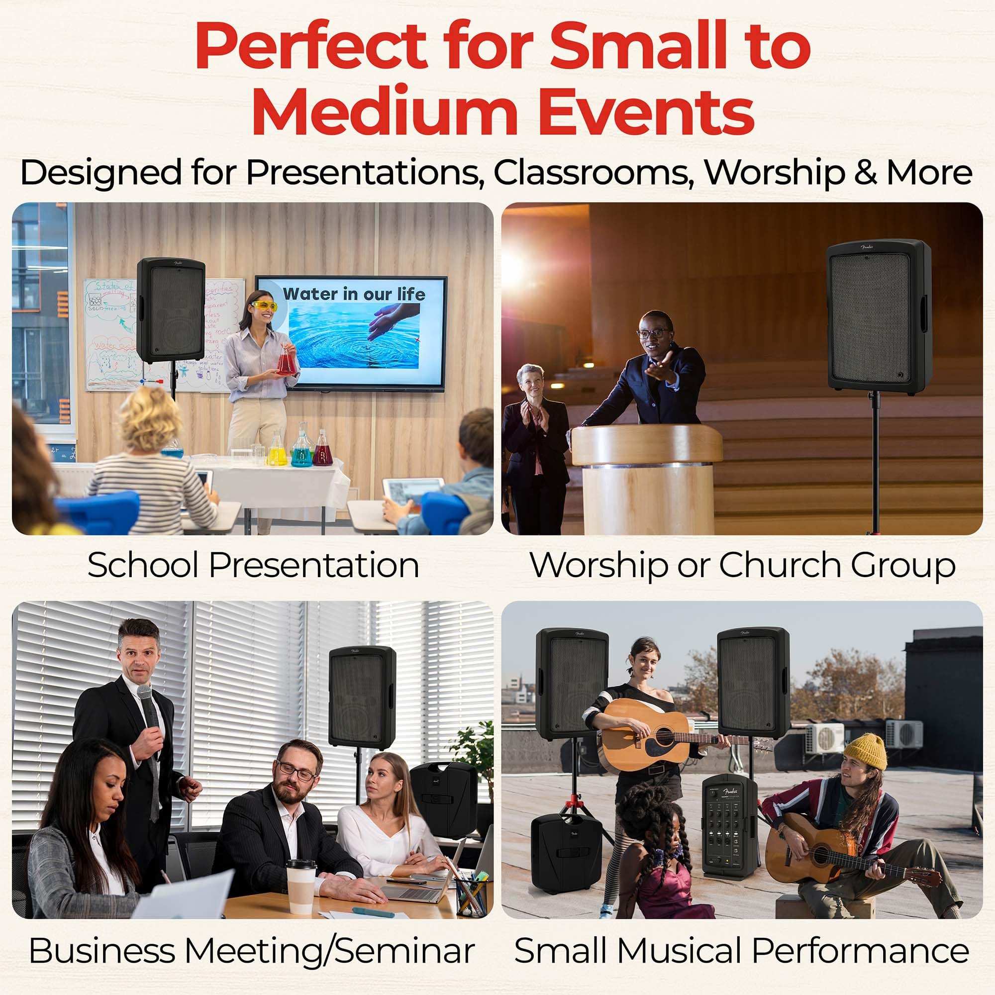 Fender Passport Conference S2 Portable PA System Bundle with Microphone, Compact Speaker Stands, XLR Cable, and Instrument Cable