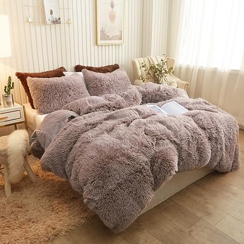 XeGe Plush Shaggy Duvet Cover Luxury Ultra Soft Crystal Velvet Bedding 1PC(1 Faux Fur Duvet Cover),Zipper Closure(Twin,Khaki)