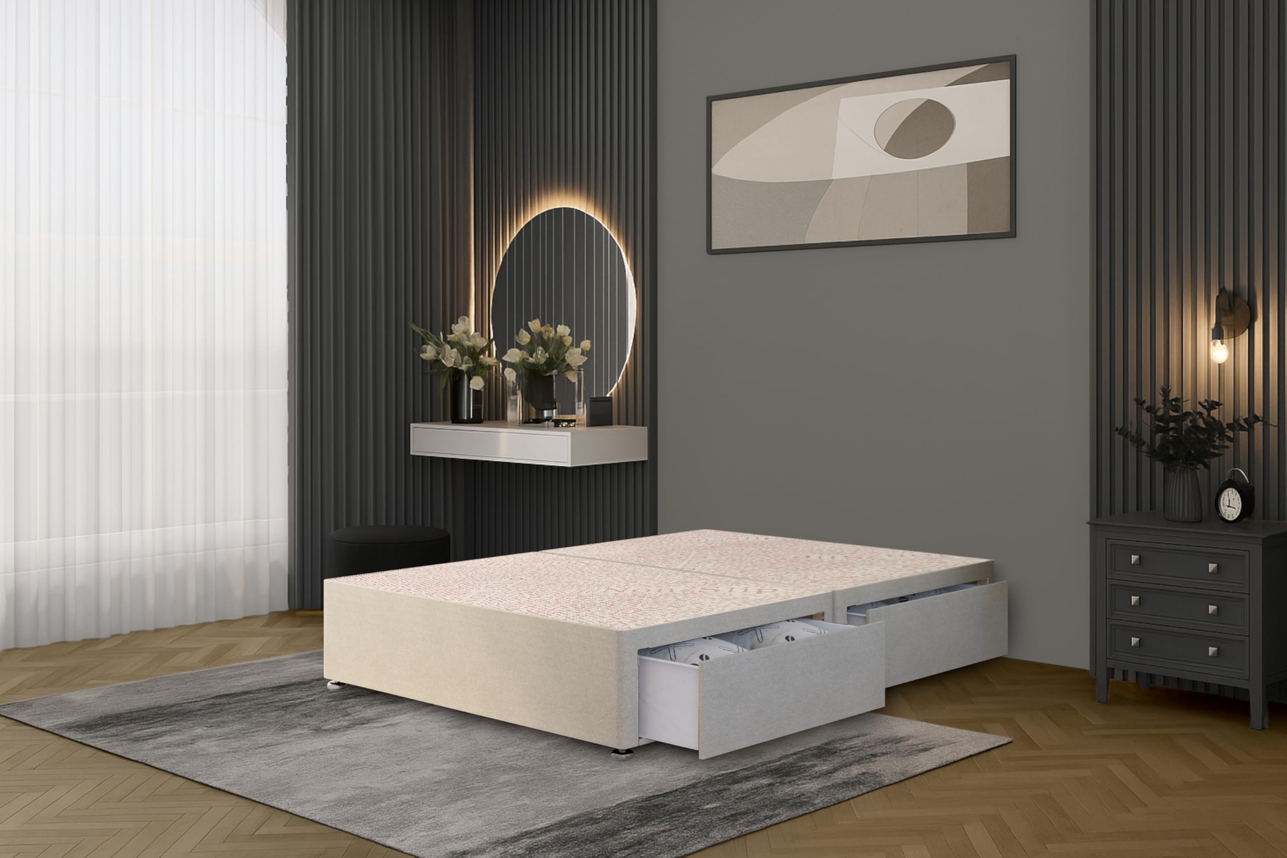 Bed Centre Flexby Divan Bed Base Only with 2 Drawers (Same Side), No Headboard - Available in 3FT, 4FT, 5FT & 6FT (6FT Super King, Tweed Natural Fabric) — image 1
