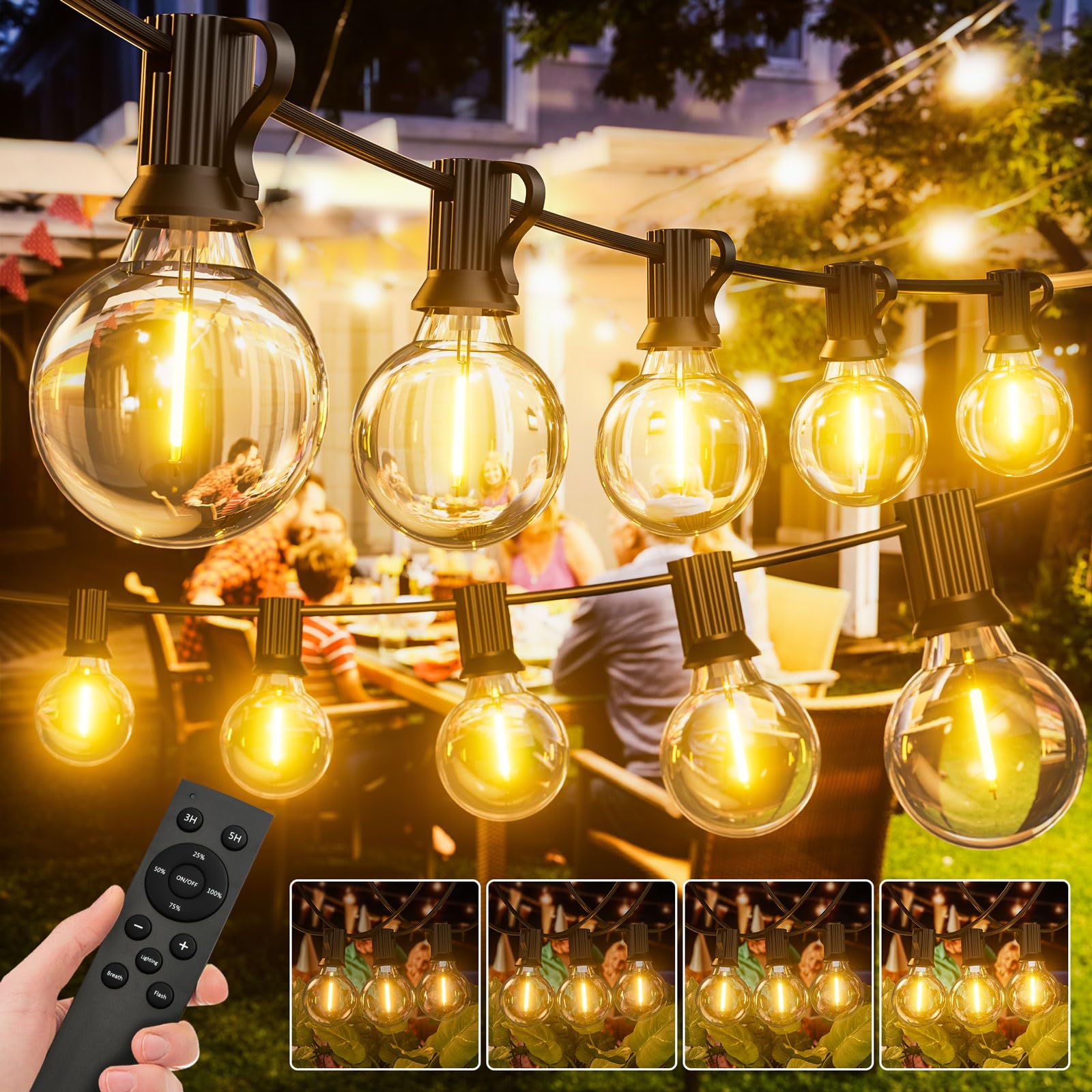 LUCUHM 60M 200FT Outdoor Festoon String Lights with Remote - LED Garden String Lights Mains Powered with Timer, Brightness Adjustment - Dimmable Festoon Light Waterproof for Outside Patio Balcony
