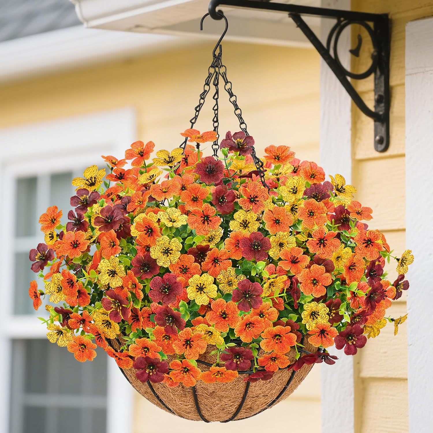 fall decor - fake mums fall hanging baskets for outdoors, 12 bundles artificial fall flowers for outdoors, uv resistant fall hanging baskets with faux mums daisy flowers for outside porch patio garden