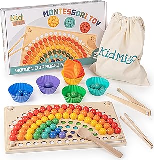 KidMigo Montessori Toy, Rainbow Bead Game, Wooden Clip Board Game, Puzzle Board, Children's Hands, Eyes, Brain Training, from 3 Years, Preschool Gift for 3, 4, 5, 6 Years