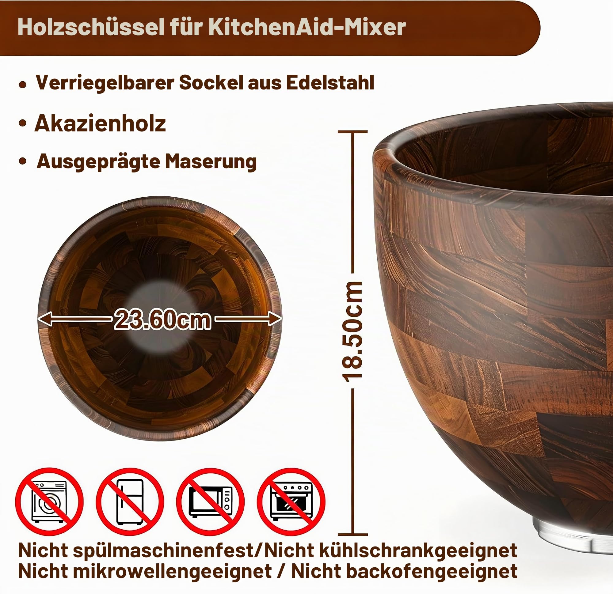 COFUN Rührschüssel aus Holz für KitchenAid Küchenmaschinen, 4.3L, 4.7L/4.8L