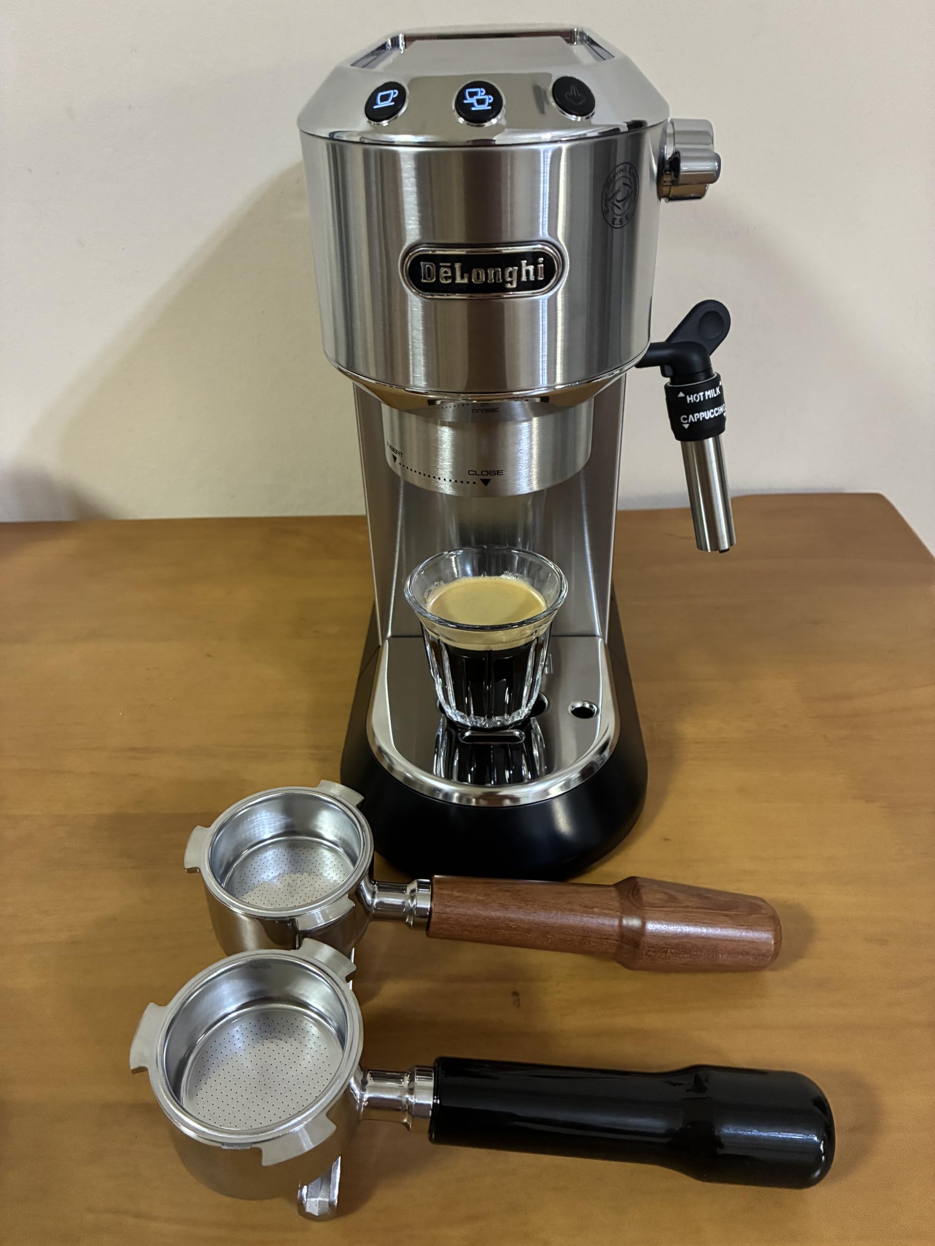 Portafiltr z podwójną wylewką 51 mm kompatybilny z Delonghi Dedica EC680/EC685/EC785/EC820/EC850/EC860/EC885 i SMEG, EUPA Ekspres do espresso ze stali nierdzewnej uchwyt portafiltra drewno