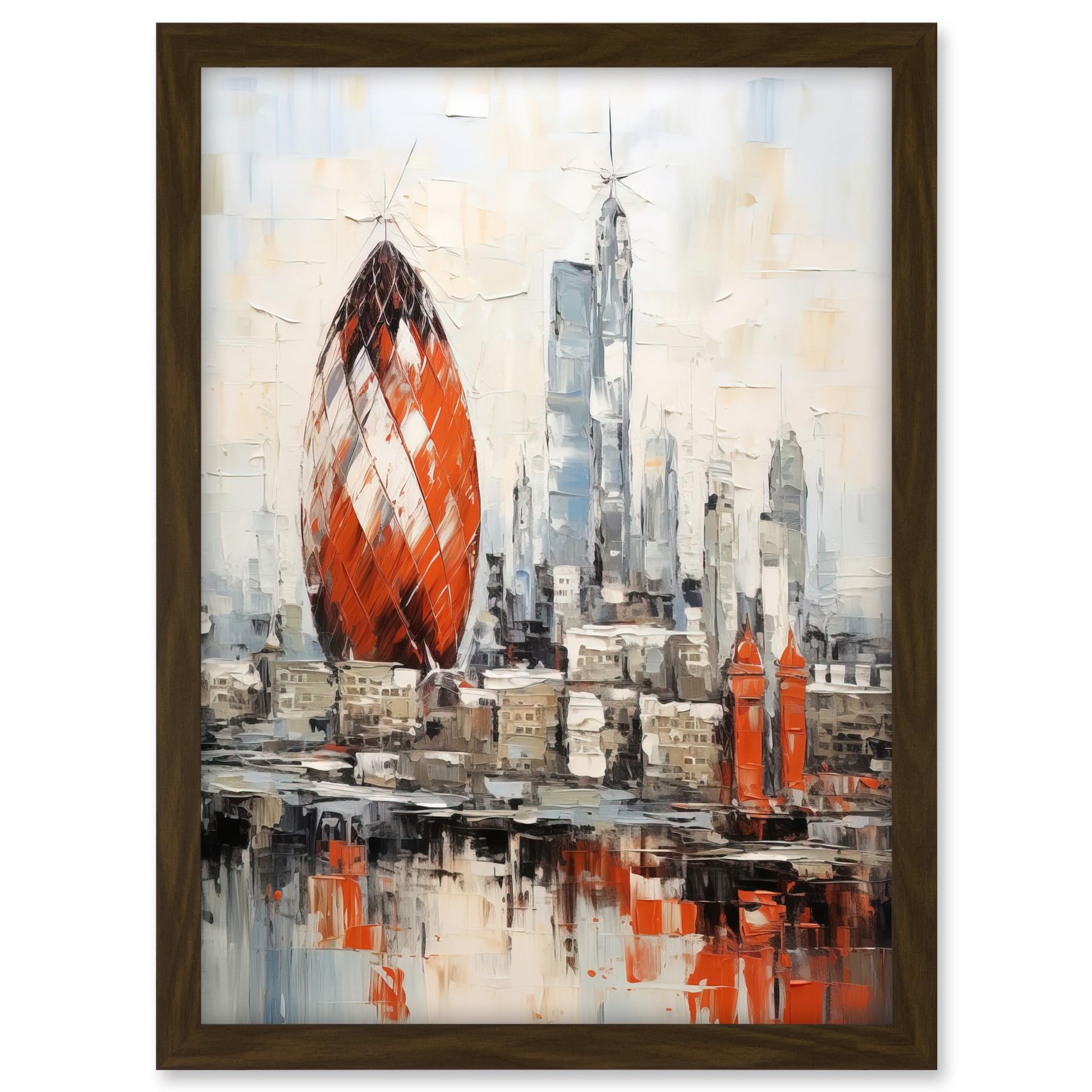 Artery8 London Skyline Abstract Oil Painting Thick Paint Red Gherkin Building River Thames England City Artwork Framed A3 Wall Art Print