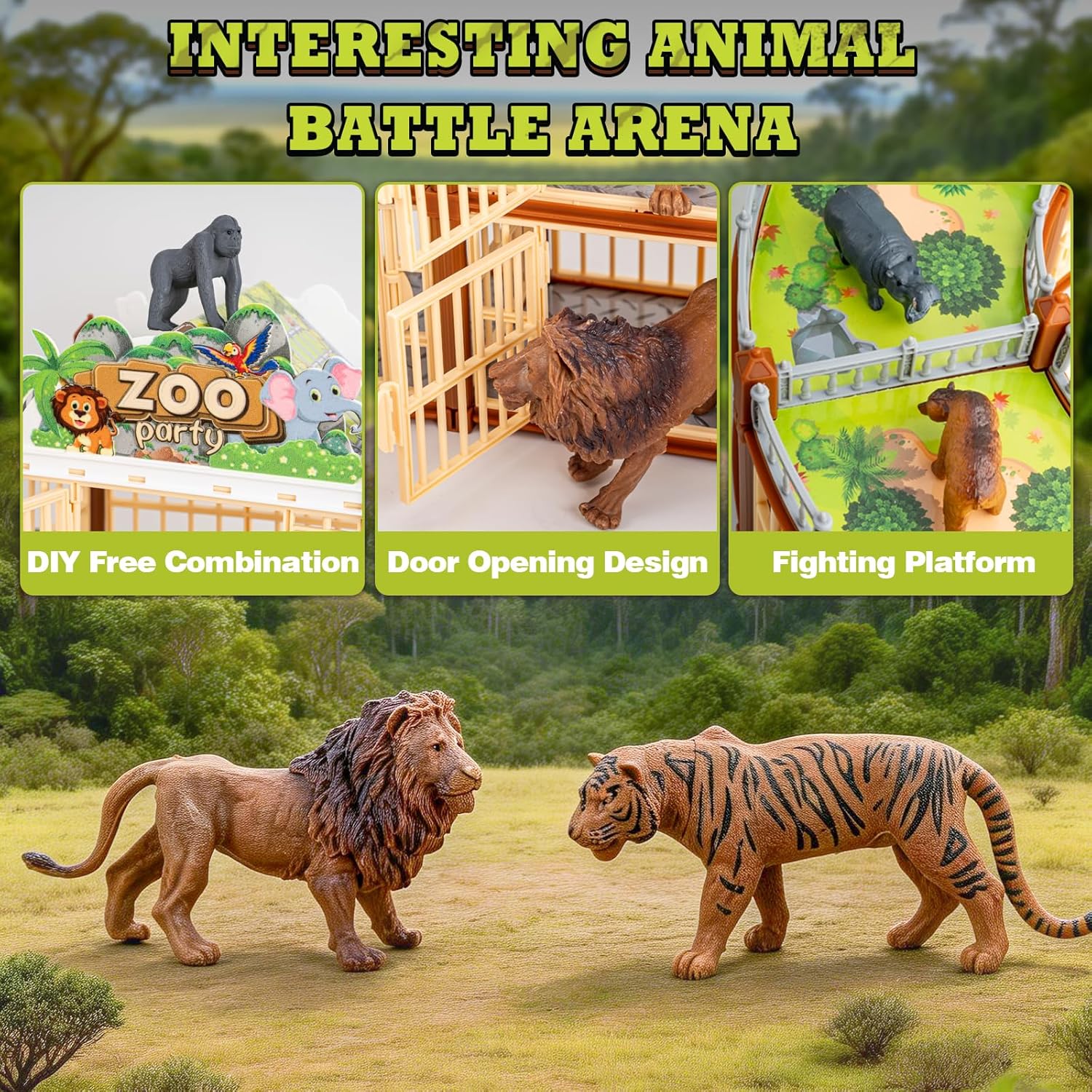 Complete 248PCS Animal Playground Set with 14 Realistic Wild Animals – Build Your Own Animal Park, Interactive Playset with Openable Fences & Battle Station, for Boys Girls Kids Toddlers 3-8