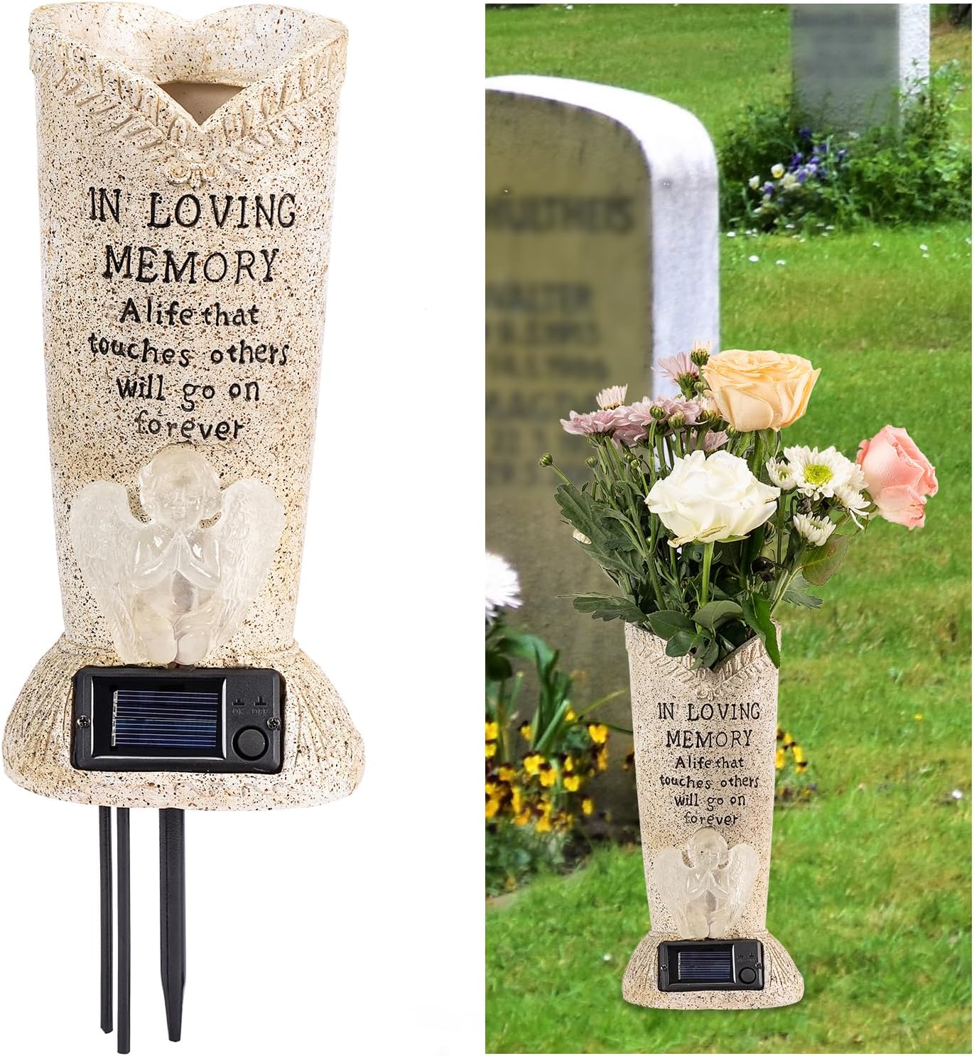 Solar Memorial Cemetery Flower Vase with LED for Fresh/Artificial Cemetery Grave Decorations Angel Statue Vase with Spikes Gravestone Decor