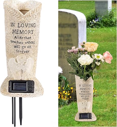 Miniatura 9 de HUYIENO Jarrón solar de cementerio con LED para flores frescasartificiales, jarrones con espigas, decoración de lápida, regalos conmemorativos para