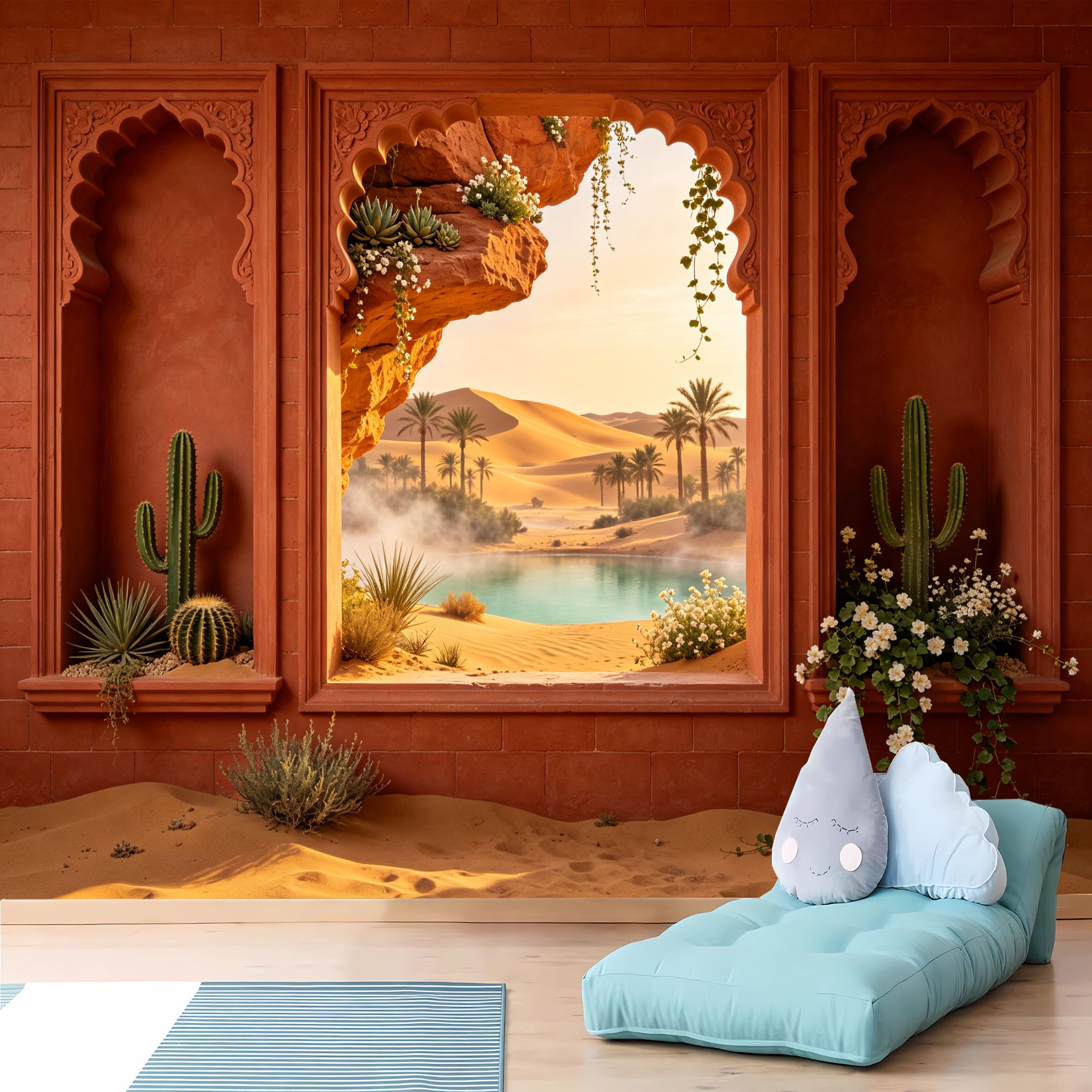 Custom Size Wall Murals 3D Moroccan Style Niche with Desert Oasis and Cactus HD Self-Adhesive Wall Fabric (NO PVC) Removable Wallpaper for Study Room