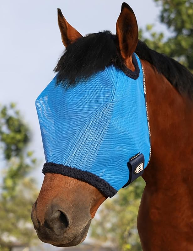 Máscara contra moscas para cavalos Harrison Howard com malha fina, acabamento em fleece e abertura para topete Sky Blue, tamanho Grande (Large (Horse))