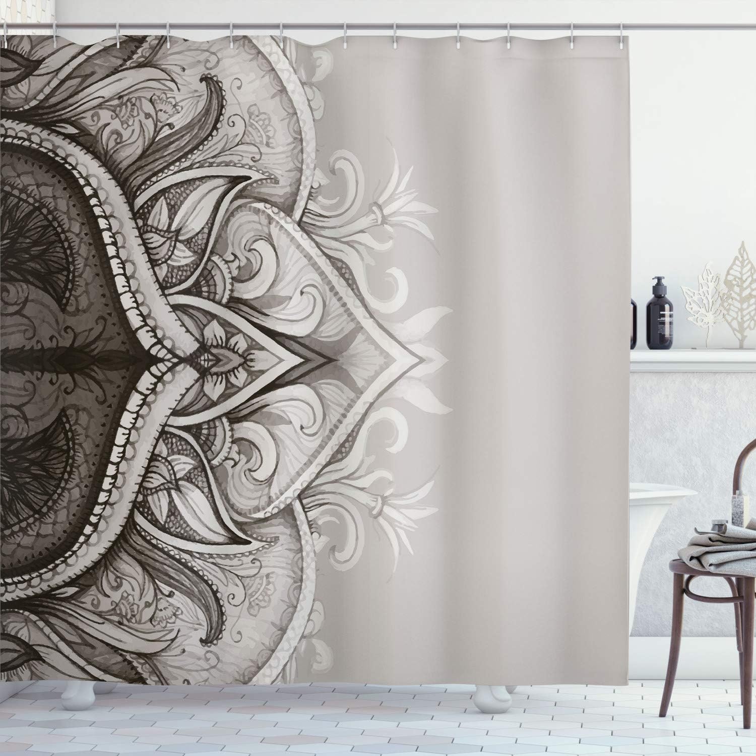 Ambesonne Mandala Shower Curtain, Traditional Ornamental Lace Border Swirled Flower Lines Eastern Folk Artwork, Cloth Fabric Bathroom Decor Set with Hooks, 70" Long, Taupe Grey