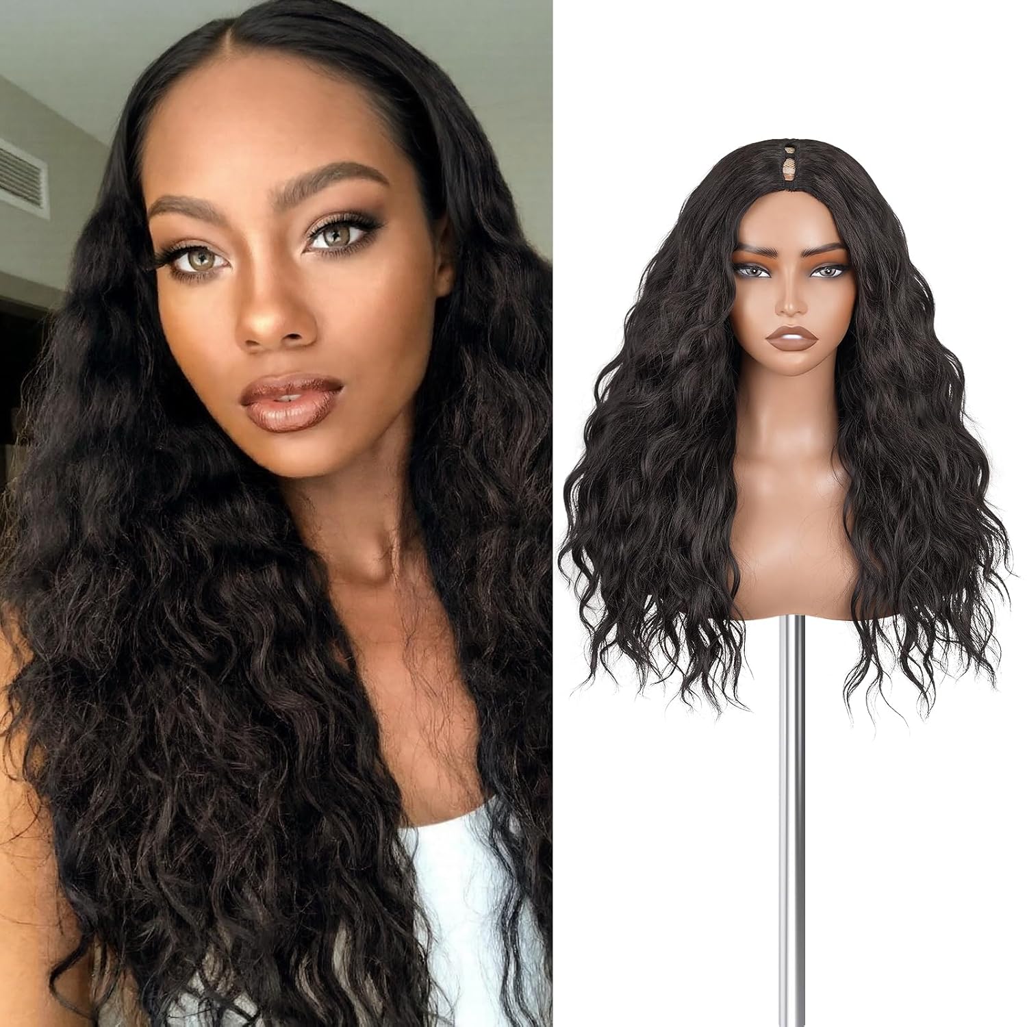 V Part Wig Water Wave Half Wigs for Black Women, Upgrade U Part Synthetic Loose Wavy Wig, Wear & Go Glueless Wig Beginner-Friendly V Shape No Sew No Leave Out Clip (Natural Black #2, 22 Inch)