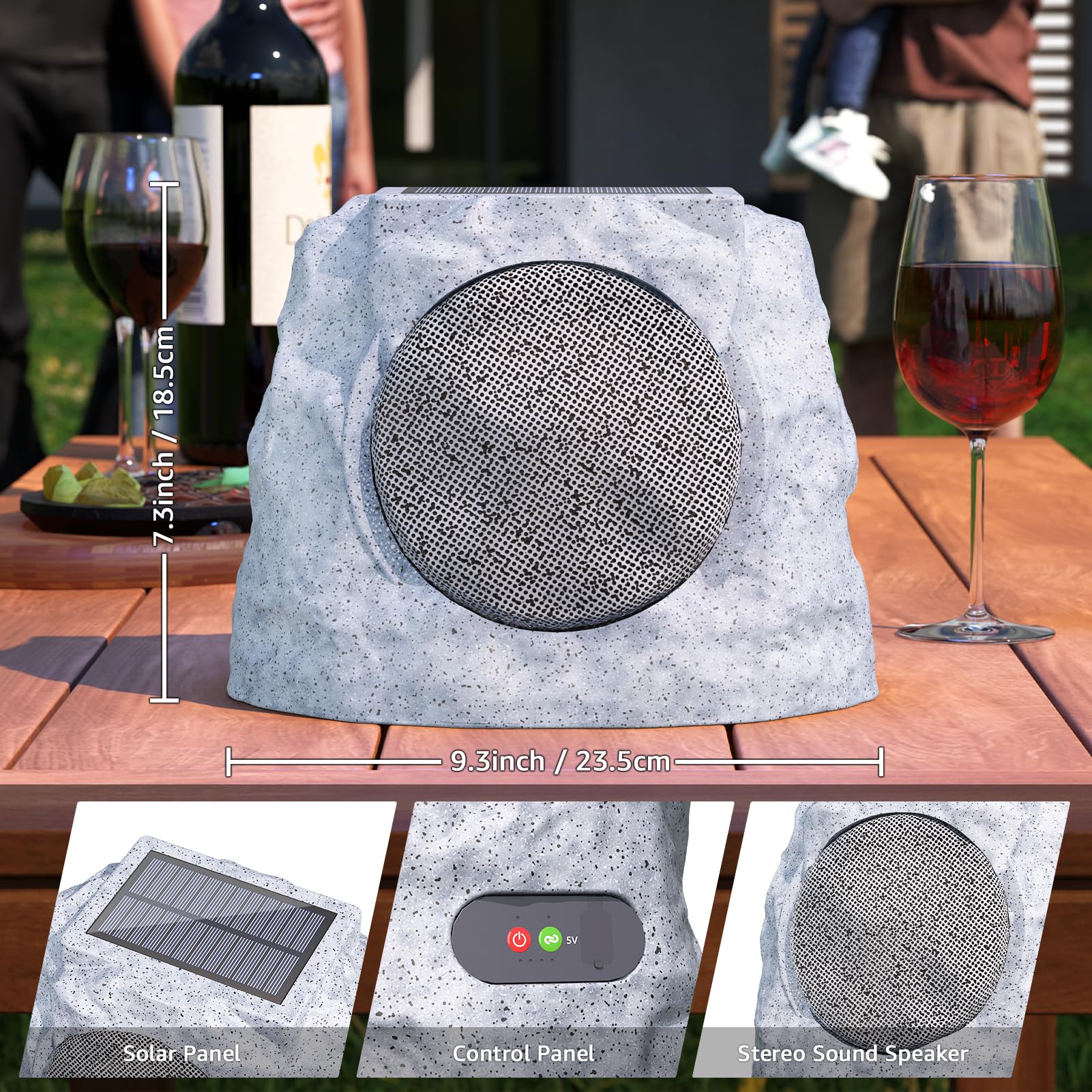 MIKK Outdoor Rock Speakers Waterproof Patio with Lights Color,Multi-Sync Up to 100 Speakers Pairing Solar Powered Rock Speaker Rechargeable for Pool Party Yard Garden Outside 2 Pack — view 6