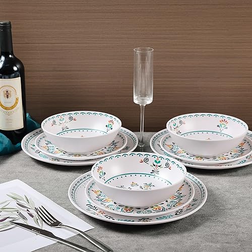 Miniatura 5 de Yinshine Juego de vajilla de melamina  Juego de 12 platos y cuencos para 4  Platos de cena para uso en exteriores e interiores  Resistente a la