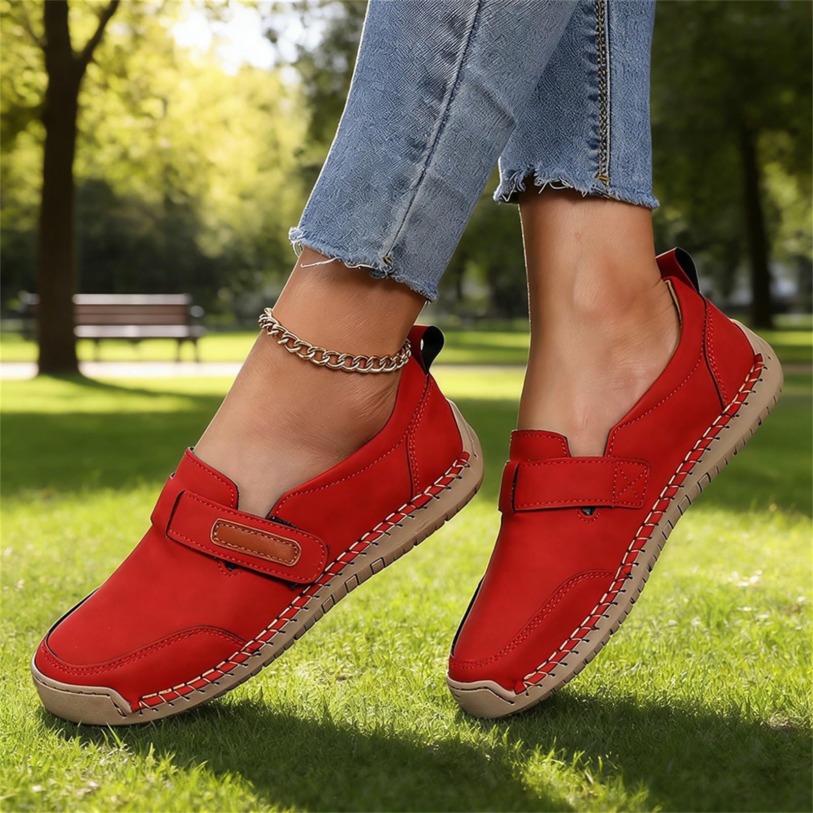 Mocasines casuales de cuero cosido para mujer, cómodos zapatos planos para caminar con correa ajustable de cierre táctil para recados diarios y viajes