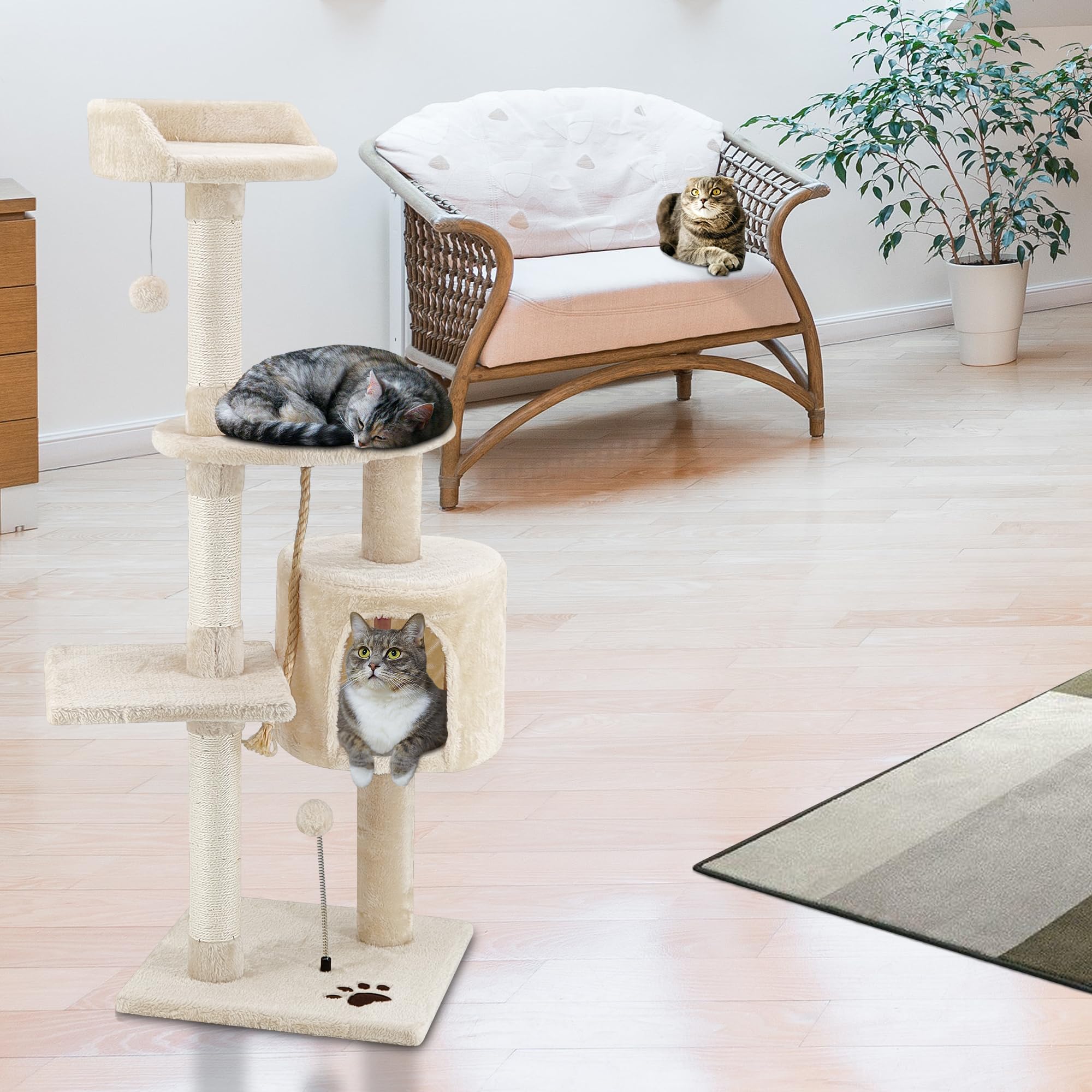 Beltom® Rascador Afilador Uñas para Gatos Árbol Escalador Mascota Rascarse Juego 112 cm - Beige