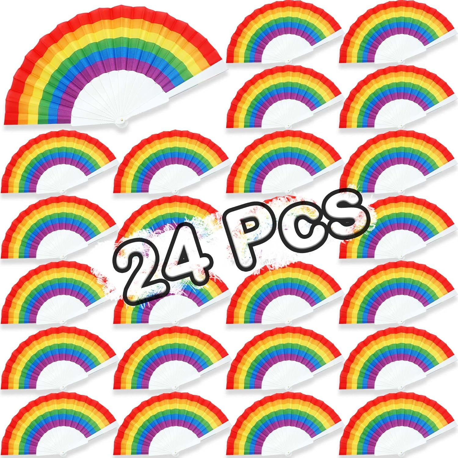 24 Pack Rainbow Folding Fans Pride Decorations Pride Fan Gay Lesbian Wedding Pride Decor LGBT Pride Month Parade Accessories Party Favors Stuff Hand Fans for Women Men, Horizontal Rainbow White