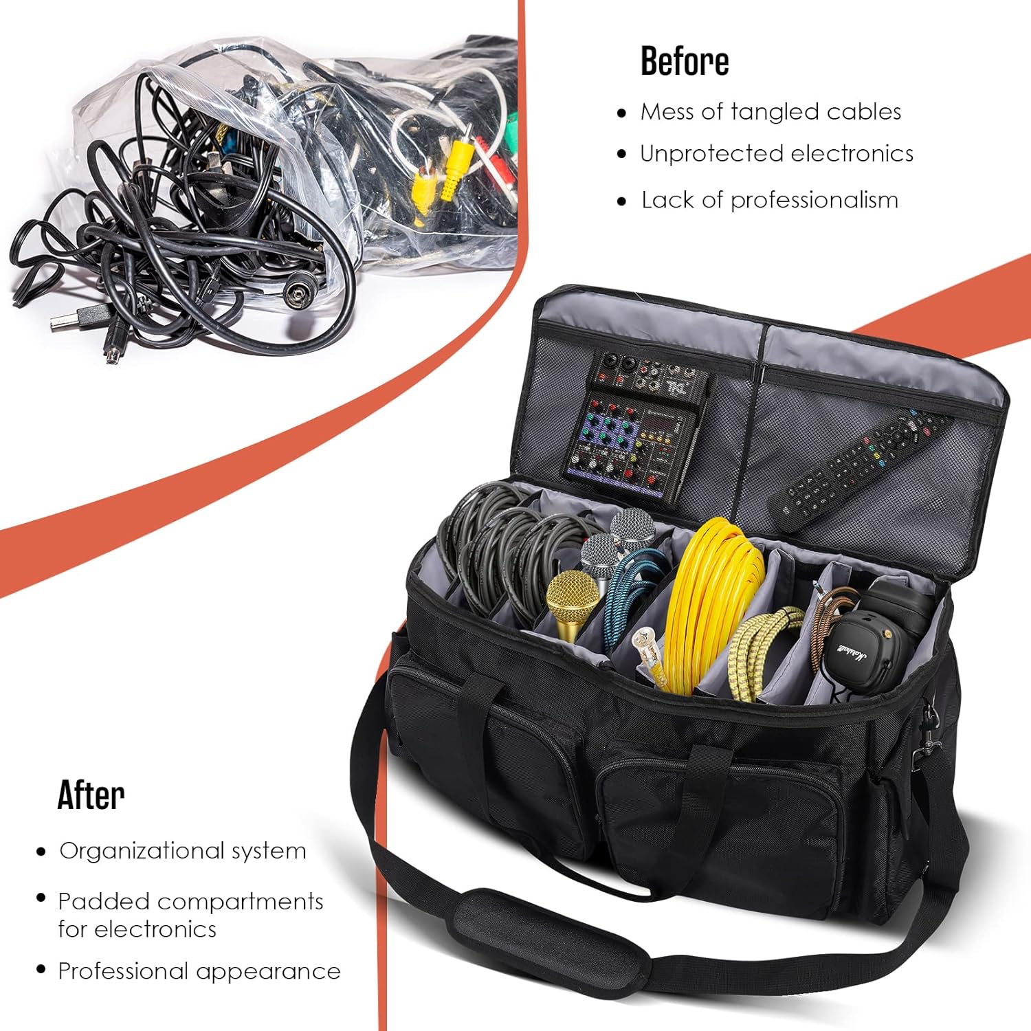 Gig Bag DJ Gig Bag Musicians Equipment Case Music Cable Organizer Musical Equipment Gear, Wire File Management For Cords Accessories Microphone Audio Studio Padded Large 24 x 12 x 11 Inch